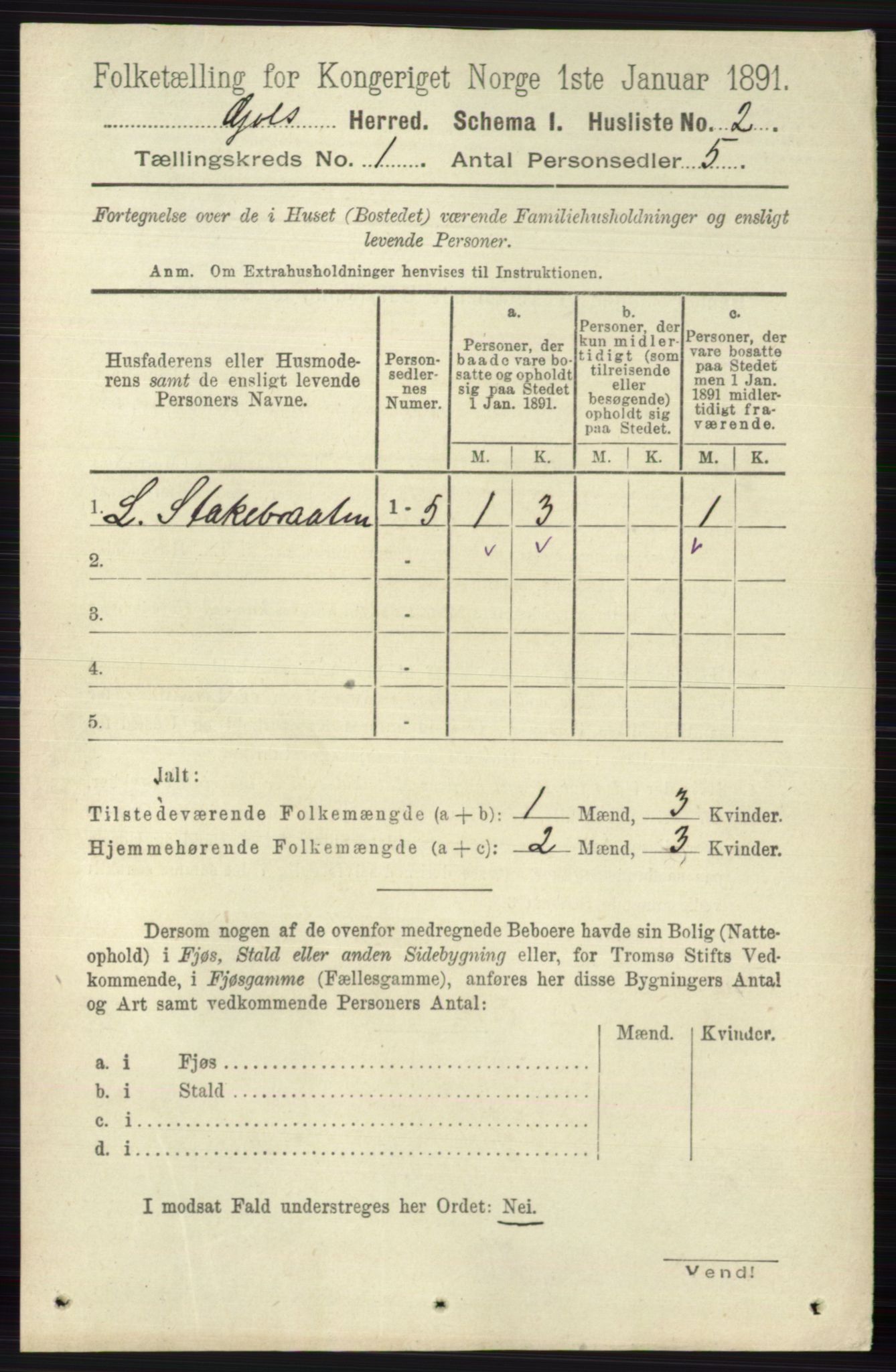 RA, 1891 census for 0617 Gol og Hemsedal, 1891, p. 29