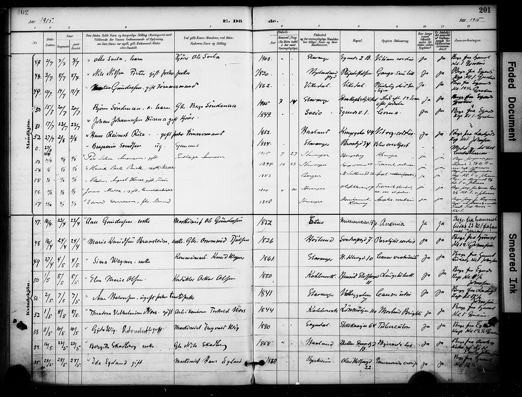 Domkirken sokneprestkontor, AV/SAST-A-101812/001/30/30BA/L0032: Parish register (official) no. A 31, 1896-1917, p. 201