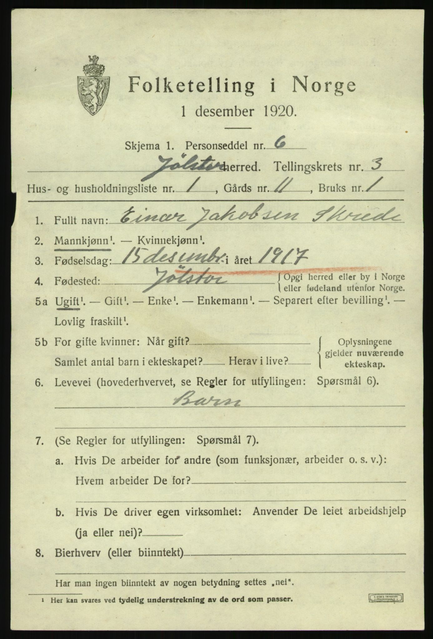 SAB, 1920 census for Jølster, 1920, p. 1968