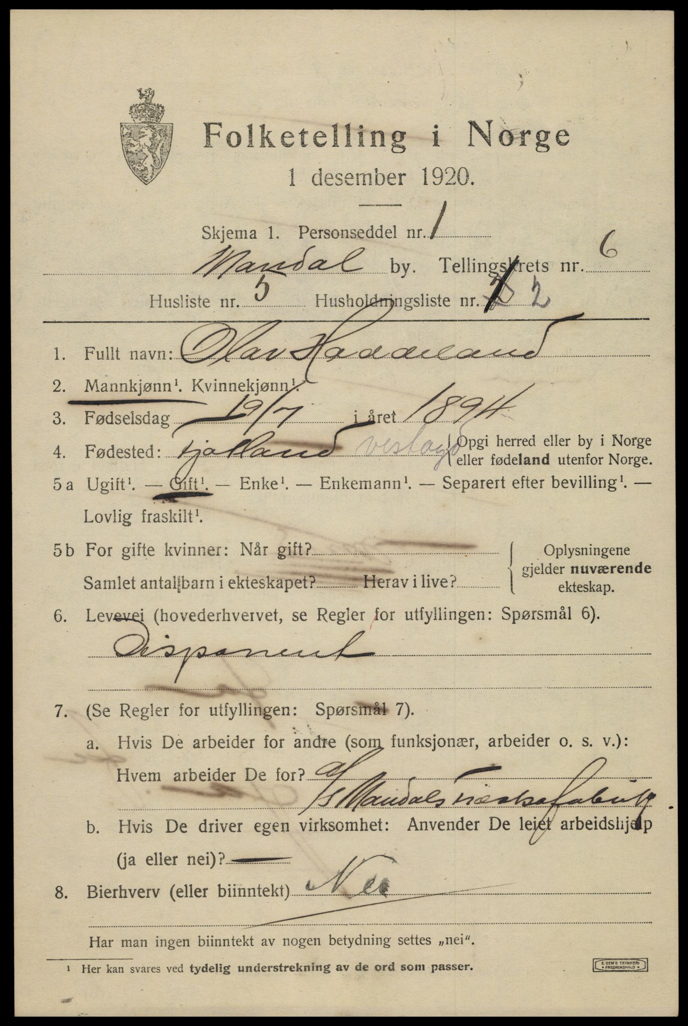 SAK, 1920 census for Mandal, 1920, p. 9165