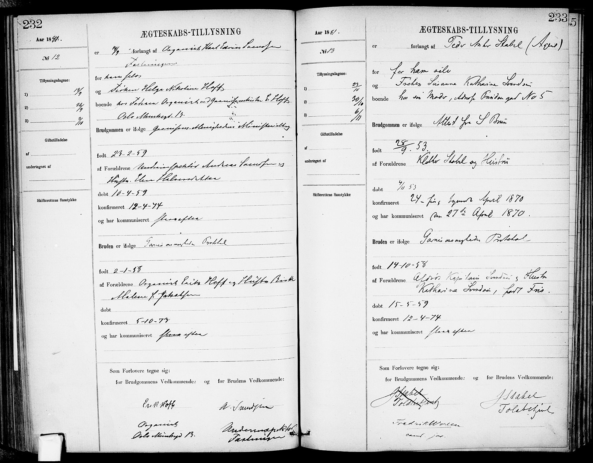 Garnisonsmenigheten Kirkebøker, SAO/A-10846/H/Ha/L0007: Banns register no. I 7, 1872-1893, p. 232-233