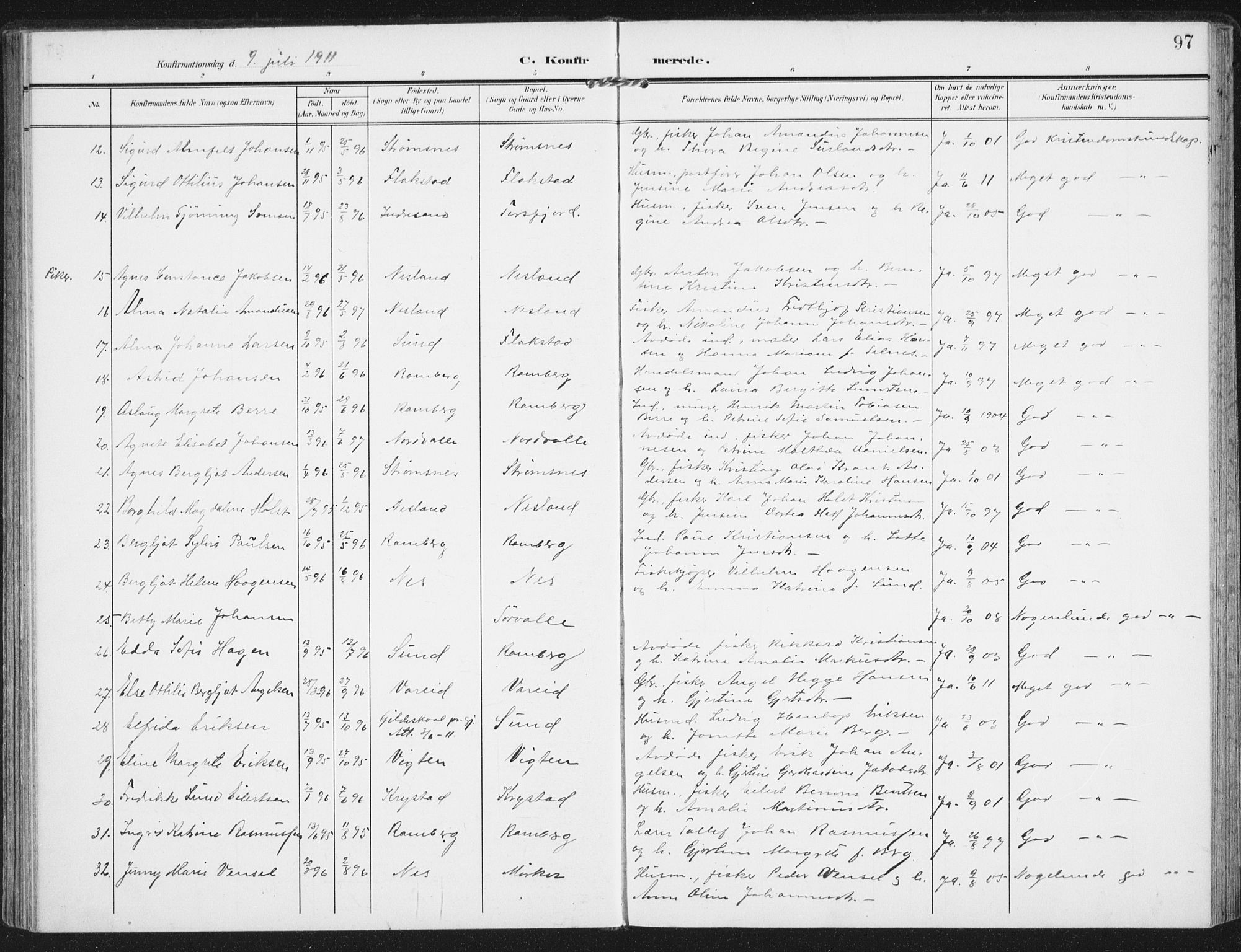 Ministerialprotokoller, klokkerbøker og fødselsregistre - Nordland, SAT/A-1459/885/L1206: Parish register (official) no. 885A07, 1905-1915, p. 97