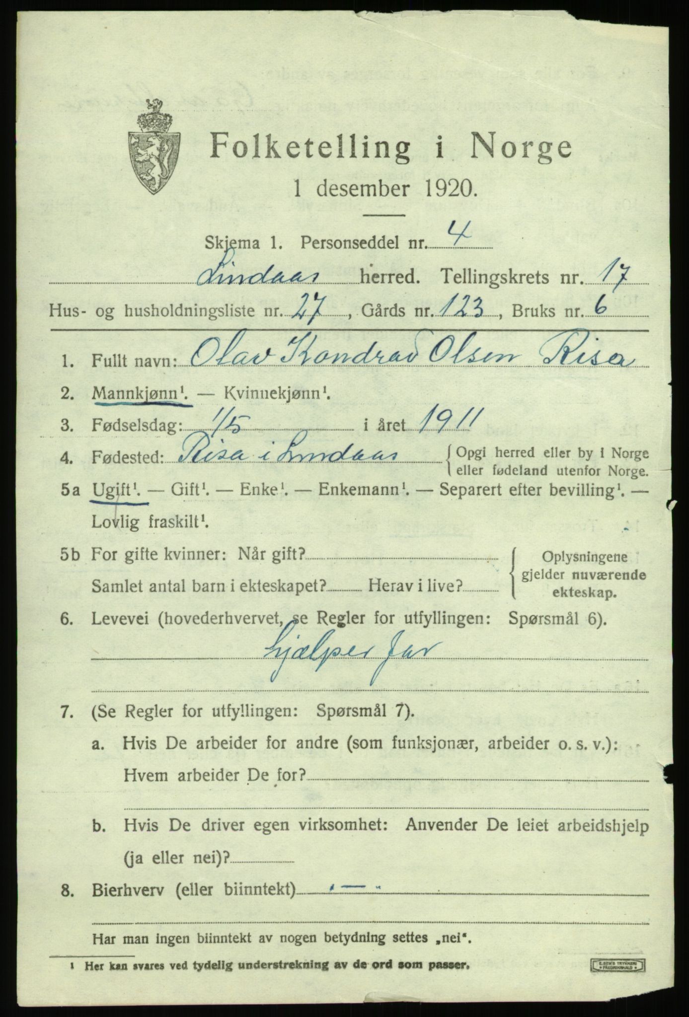 SAB, 1920 census for Lindås, 1920, p. 9303