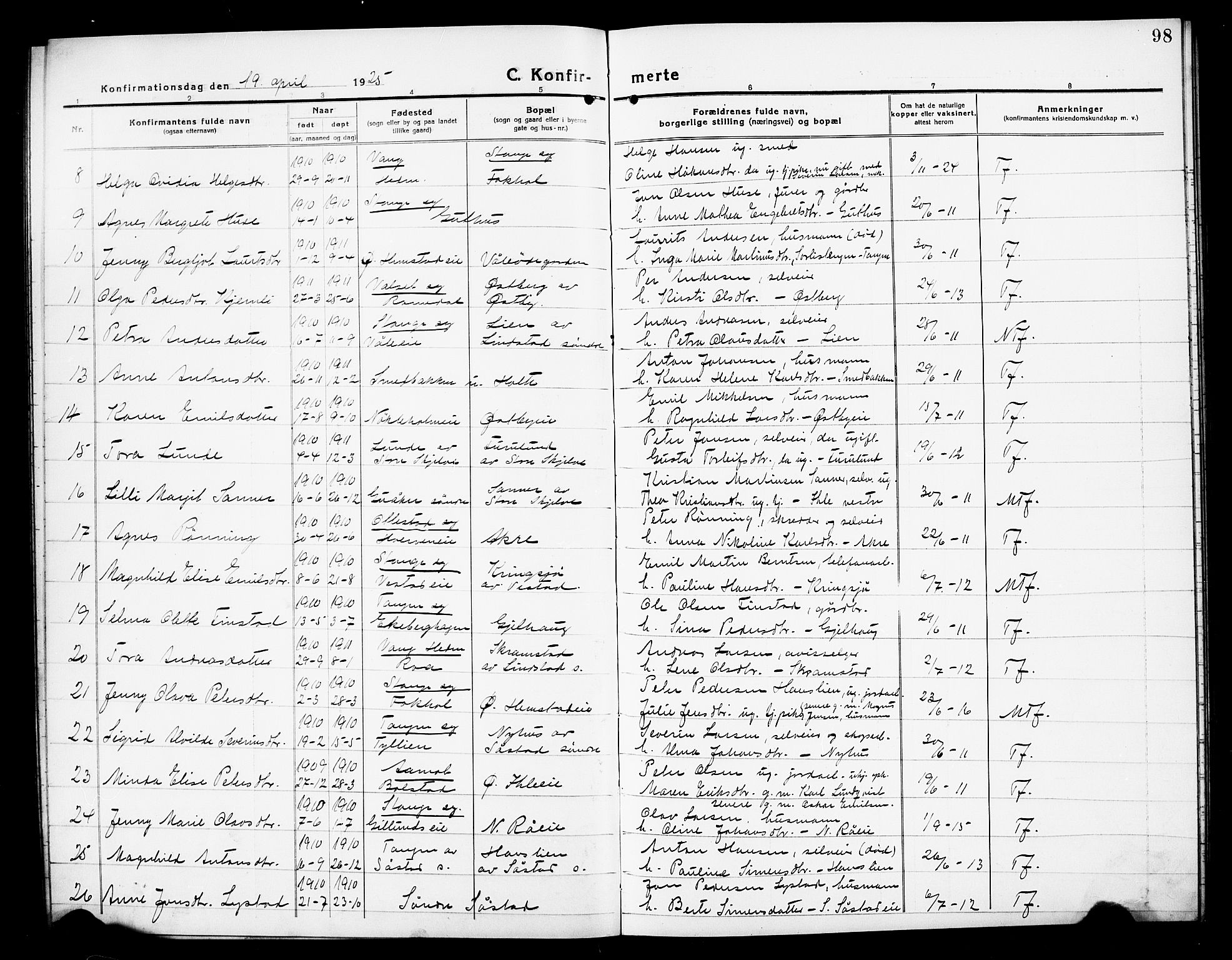 Stange prestekontor, AV/SAH-PREST-002/L/L0016: Parish register (copy) no. 16, 1918-1928, p. 98