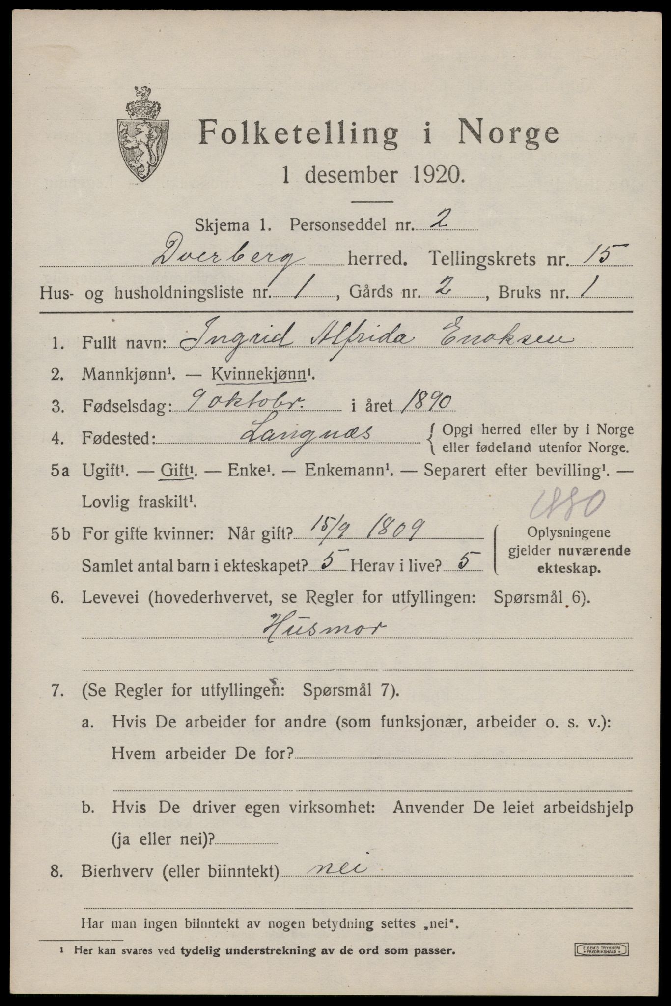 SAT, 1920 census for Dverberg, 1920, p. 10994