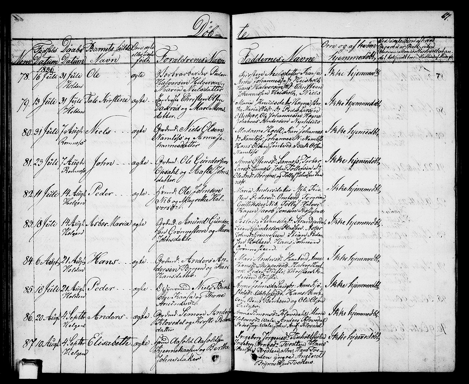 Holla kirkebøker, SAKO/A-272/G/Ga/L0002: Parish register (copy) no. I 2, 1830-1848, p. 67