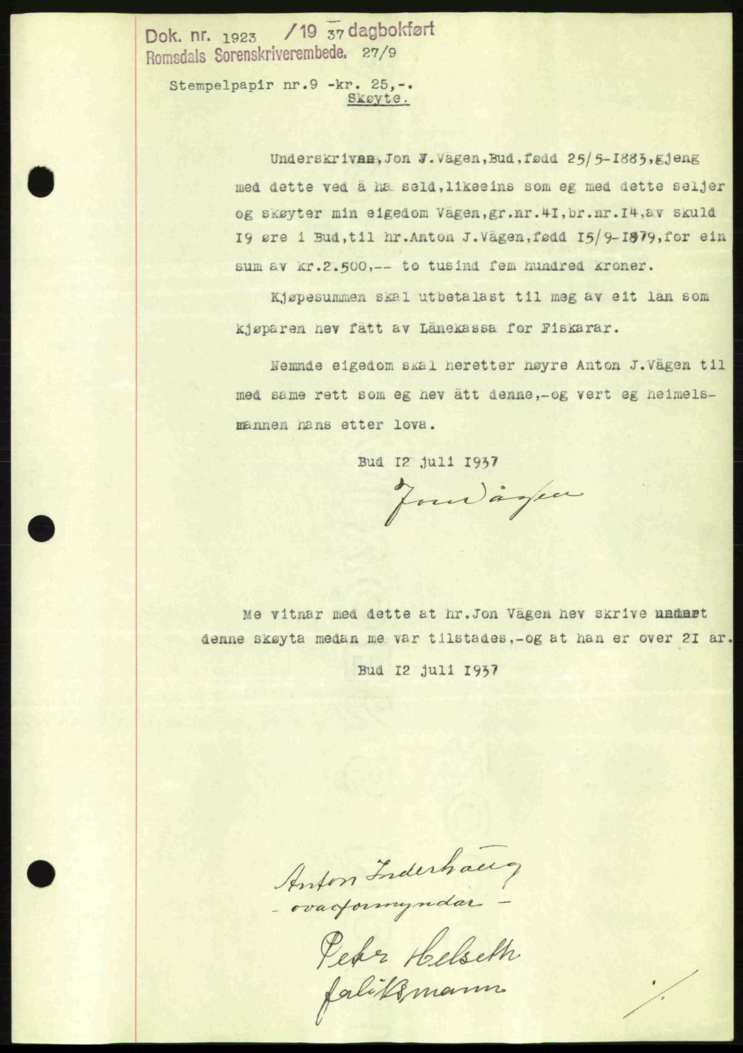 Romsdal sorenskriveri, SAT/A-4149/1/2/2C: Mortgage book no. A3, 1937-1937, Diary no: : 1923/1937