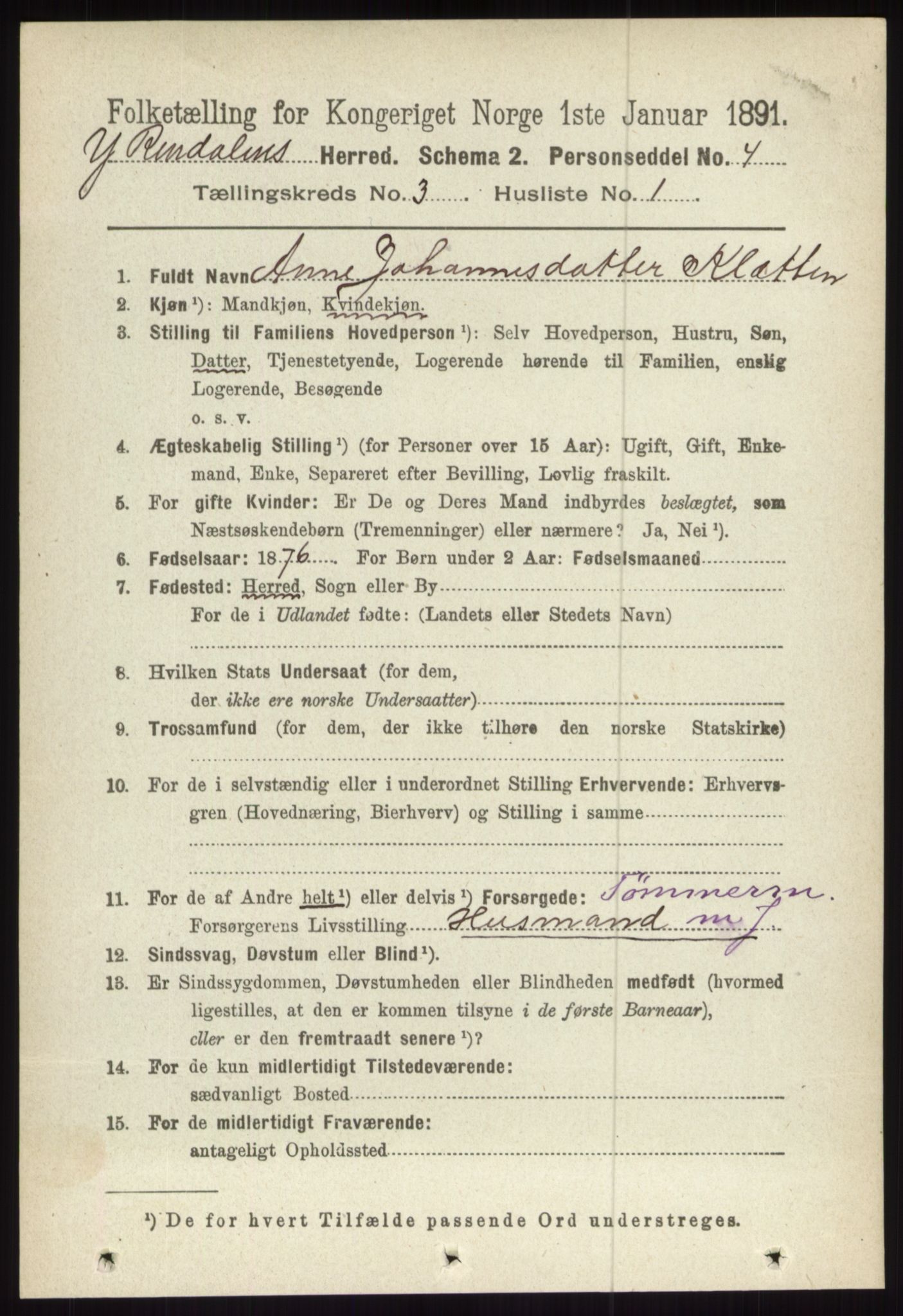 RA, 1891 census for 0432 Ytre Rendal, 1891, p. 449