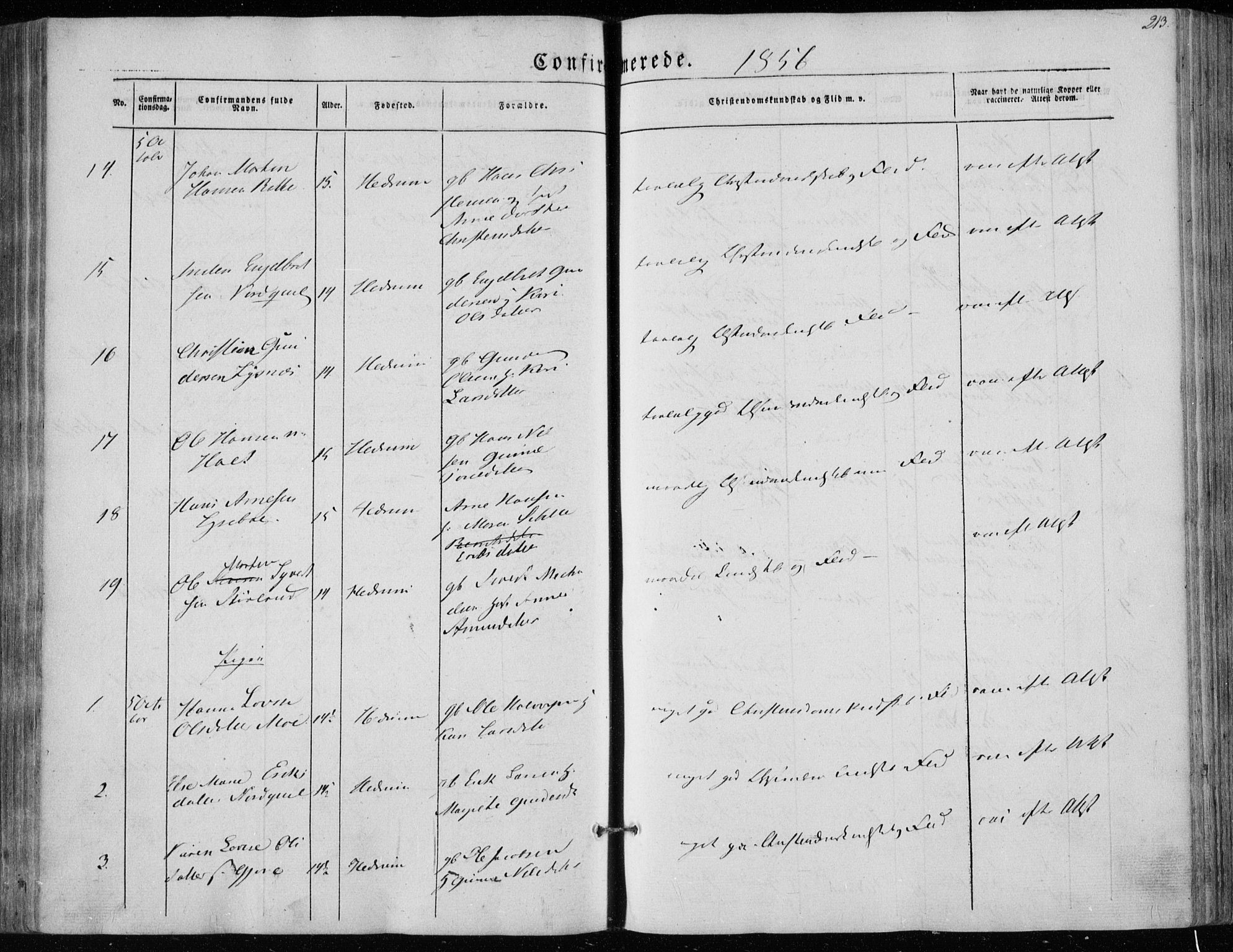 Hedrum kirkebøker, AV/SAKO-A-344/F/Fa/L0006: Parish register (official) no. I 6, 1849-1857, p. 213