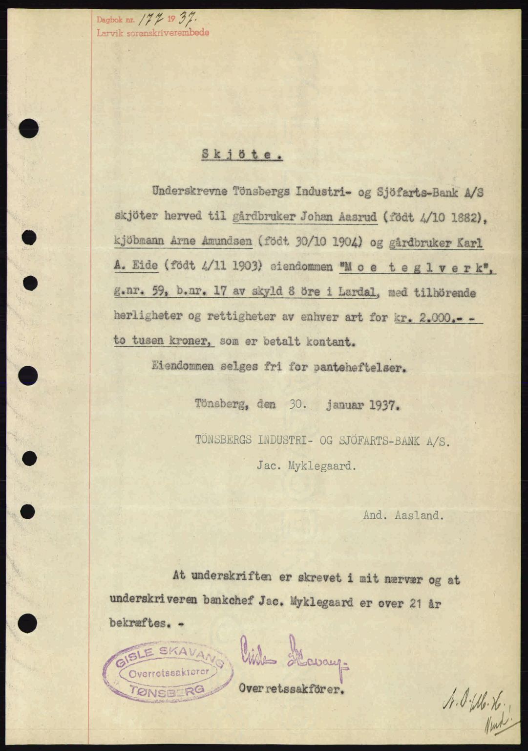 Larvik sorenskriveri, SAKO/A-83/G/Ga/Gab/L0067: Mortgage book no. A-1, 1936-1937, Diary no: : 177/1937