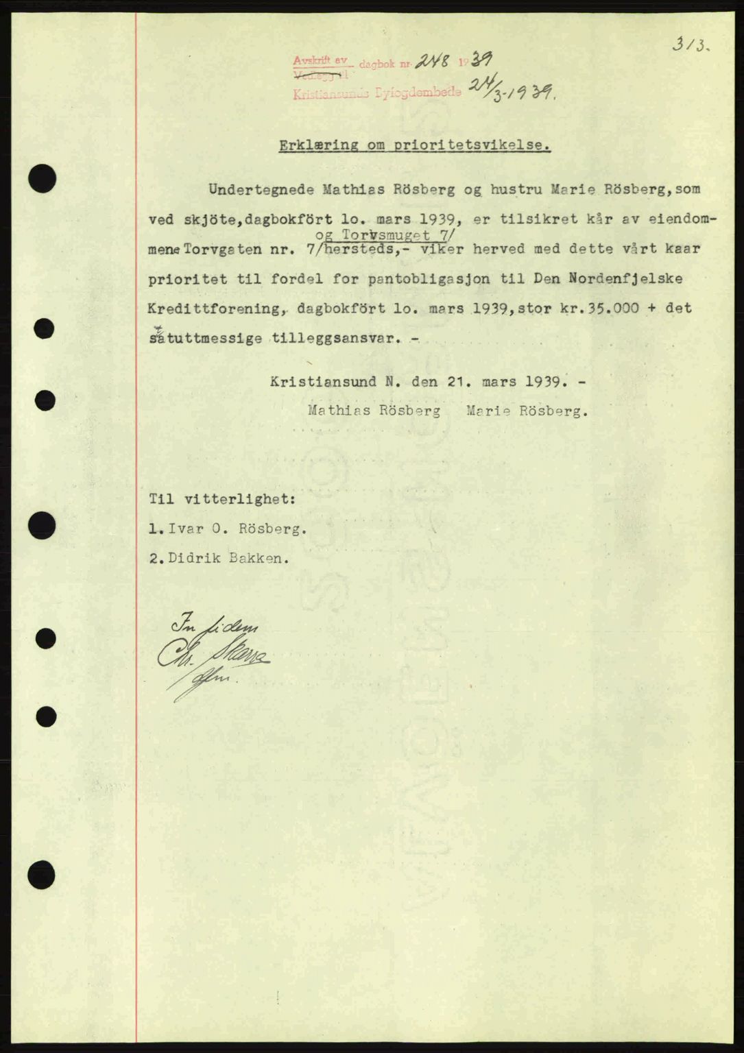 Kristiansund byfogd, SAT/A-4587/A/27: Mortgage book no. 31, 1938-1939, Diary no: : 248/1939