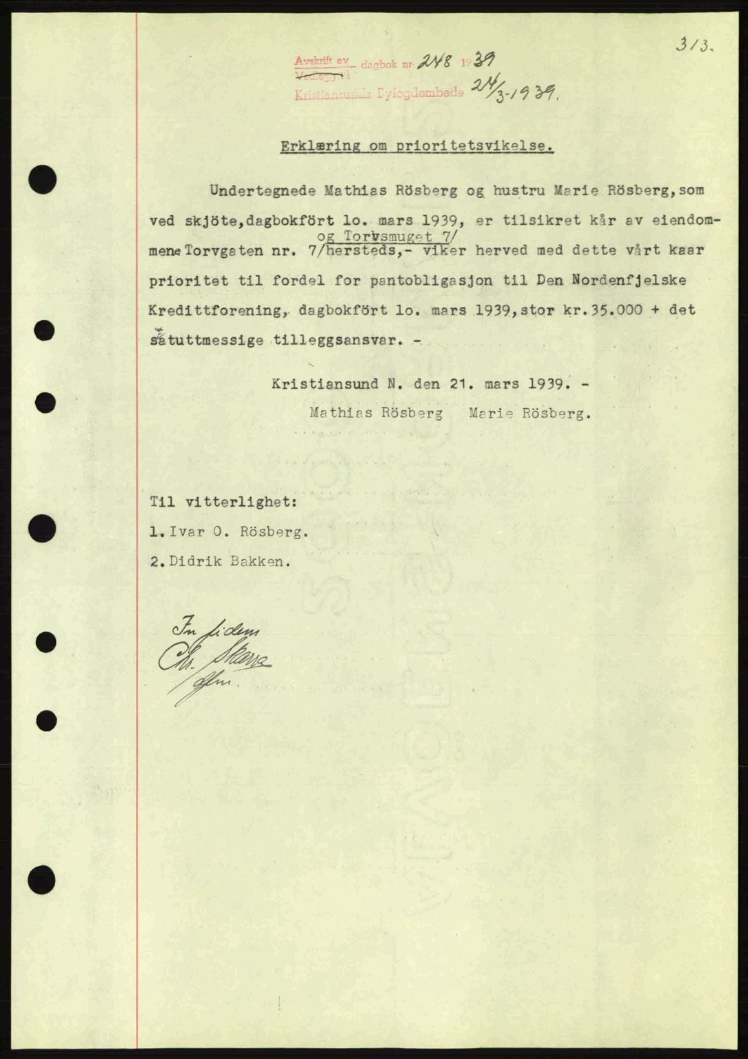 Kristiansund byfogd, AV/SAT-A-4587/A/27: Mortgage book no. 31, 1938-1939, Diary no: : 248/1939