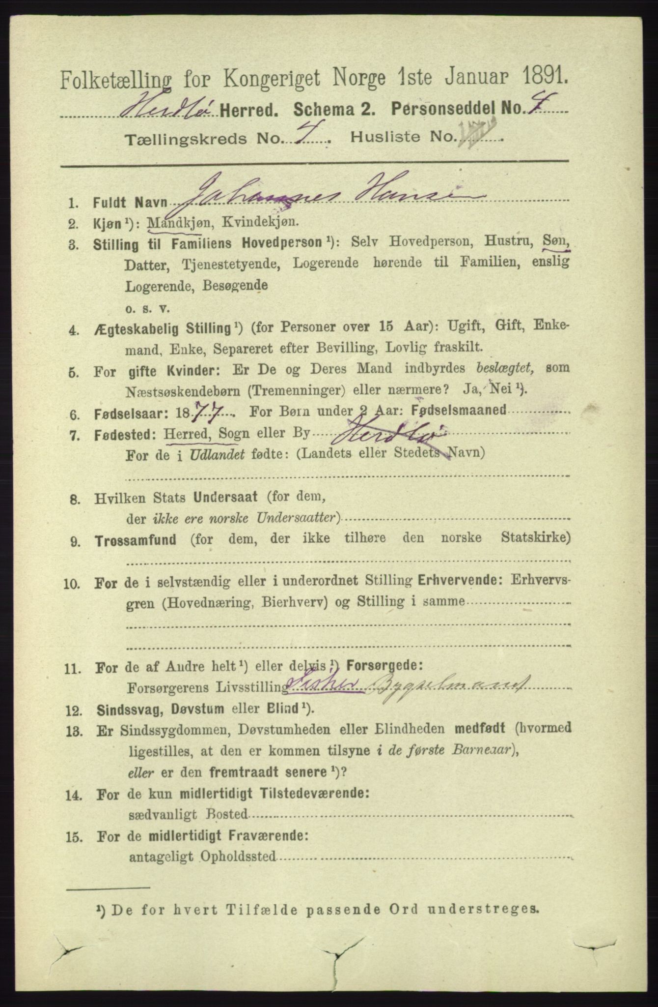 RA, 1891 census for 1258 Herdla, 1891, p. 1999