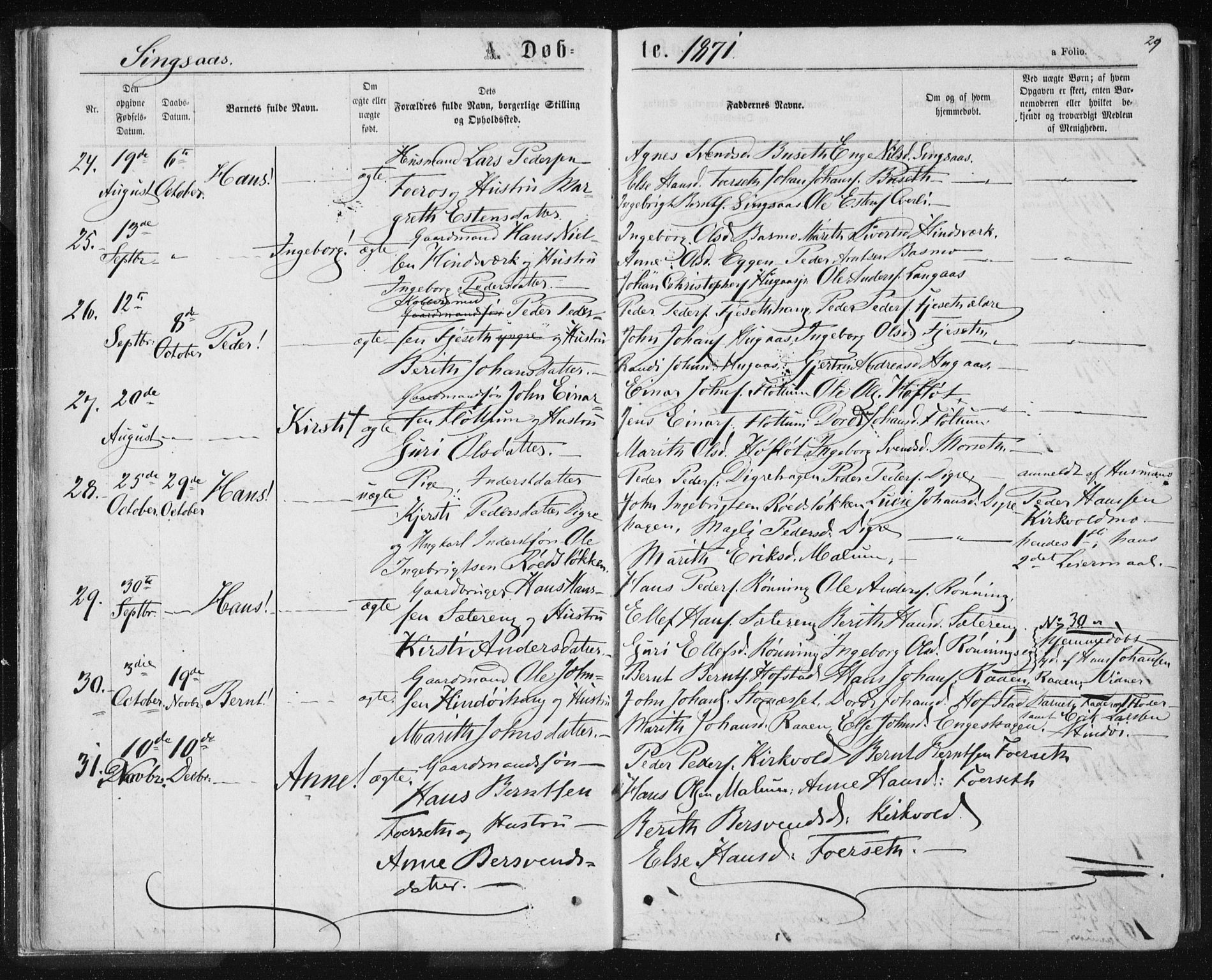 Ministerialprotokoller, klokkerbøker og fødselsregistre - Sør-Trøndelag, SAT/A-1456/685/L0970: Parish register (official) no. 685A08 /2, 1870-1878, p. 29