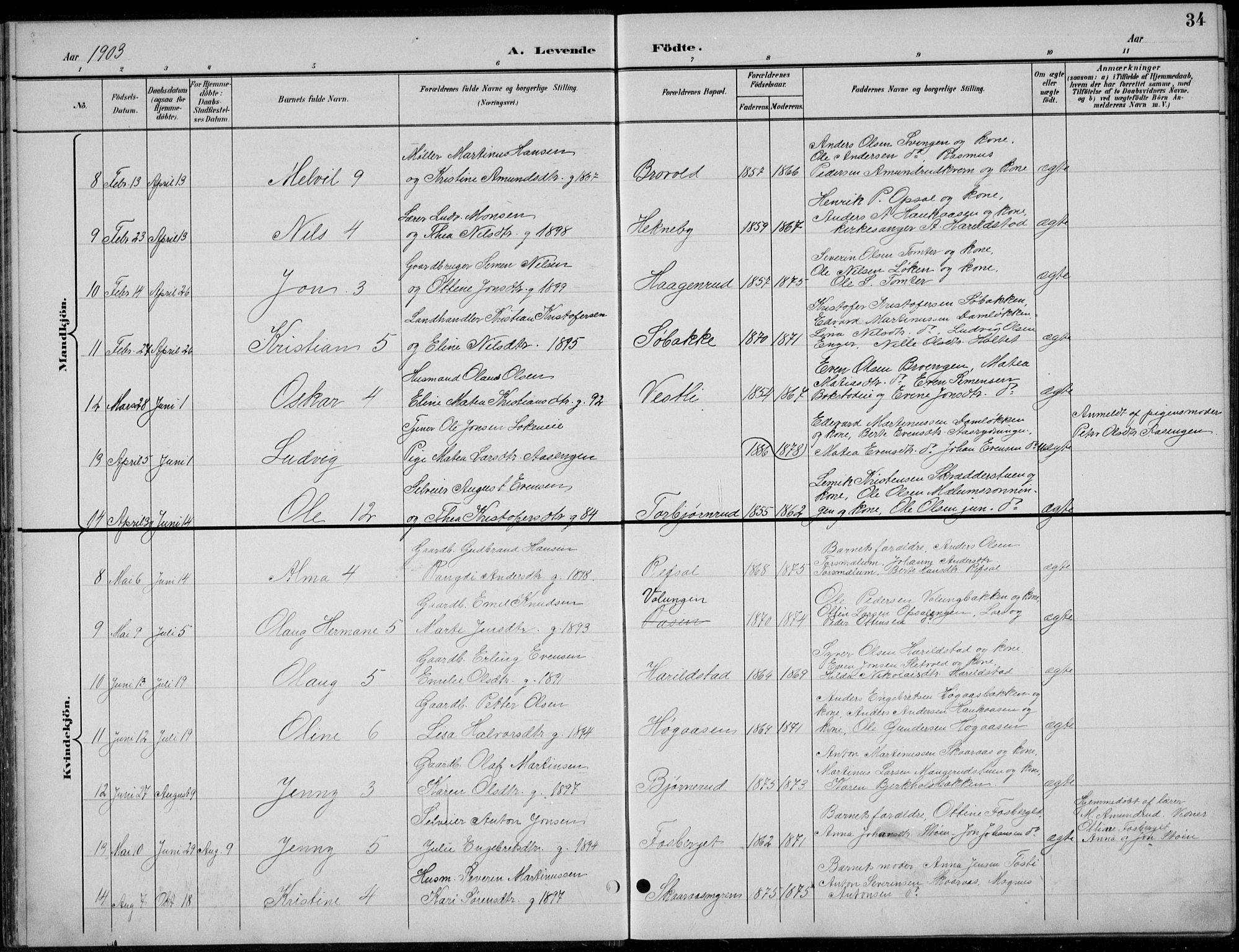 Romedal prestekontor, AV/SAH-PREST-004/L/L0013: Parish register (copy) no. 13, 1896-1937, p. 34