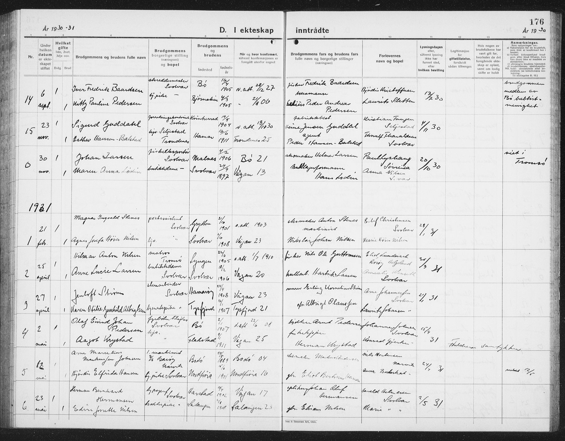 Ministerialprotokoller, klokkerbøker og fødselsregistre - Nordland, SAT/A-1459/877/L1117: Parish register (copy) no. 877C01, 1923-1942, p. 176