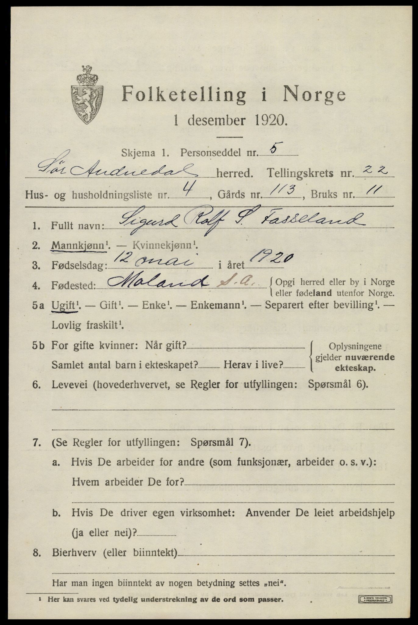 SAK, 1920 census for Sør-Audnedal, 1920, p. 7137