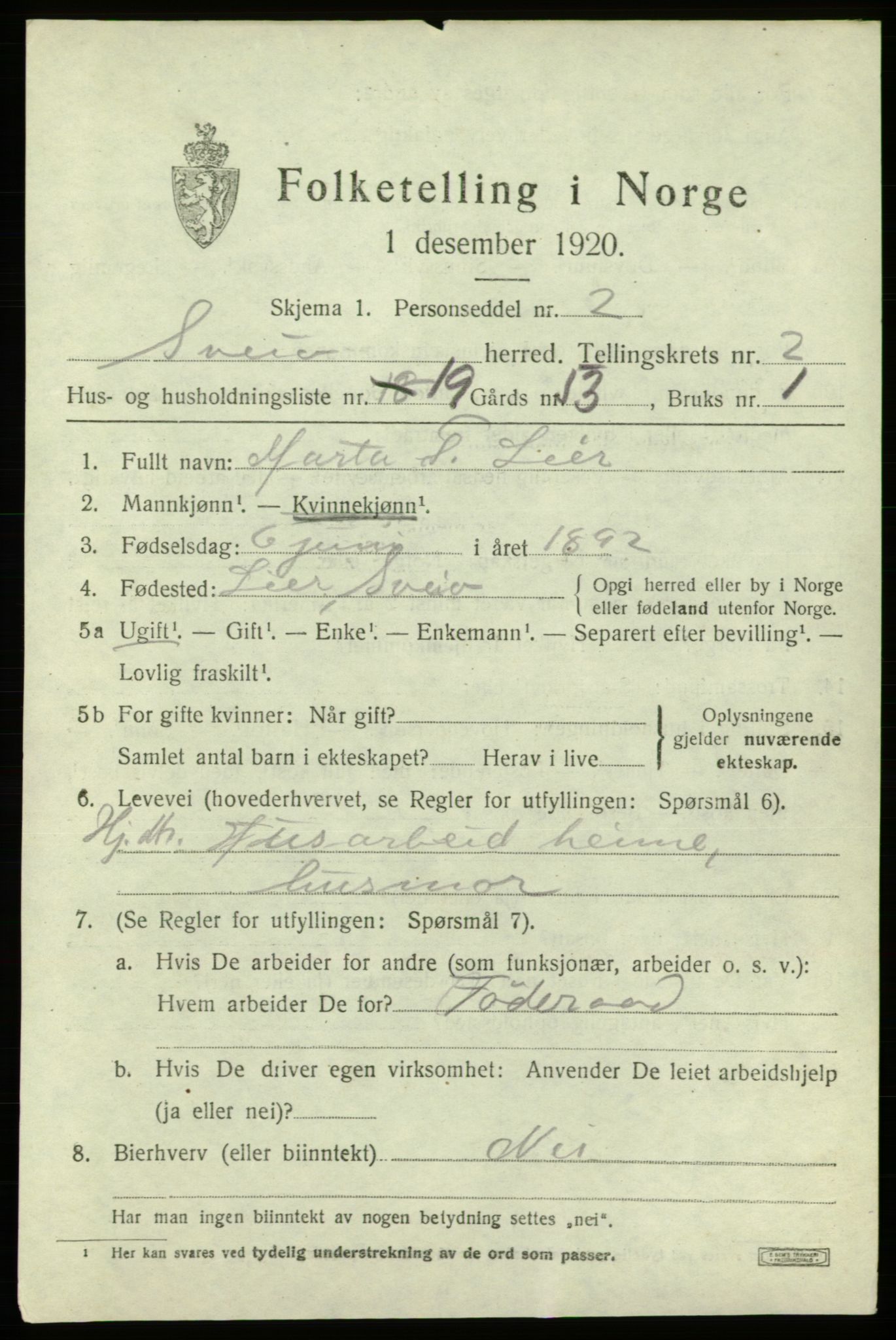 SAB, 1920 census for Sveio, 1920, p. 1506