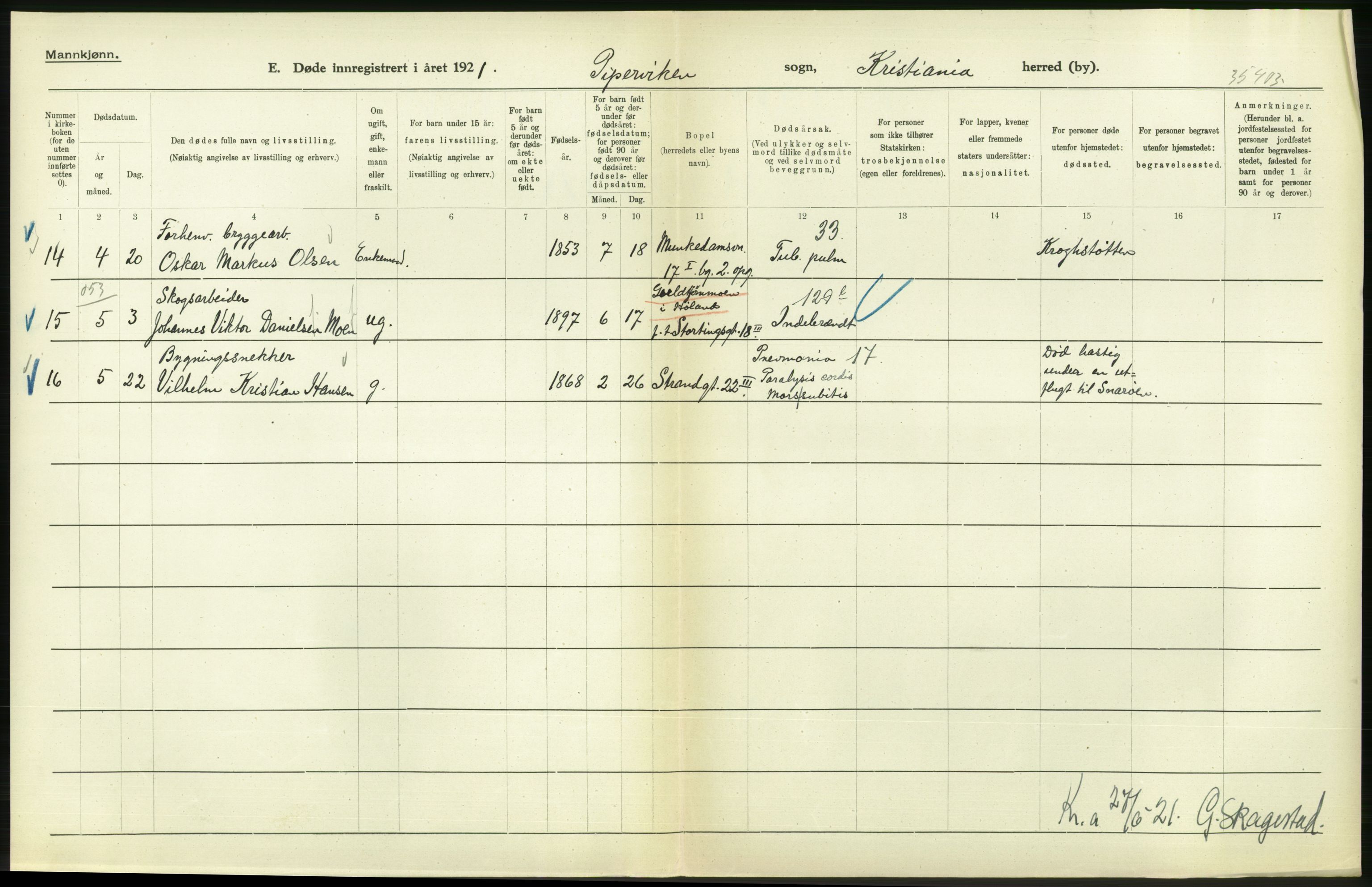 Statistisk sentralbyrå, Sosiodemografiske emner, Befolkning, AV/RA-S-2228/D/Df/Dfc/Dfca/L0013: Kristiania: Døde, dødfødte, 1921, p. 168