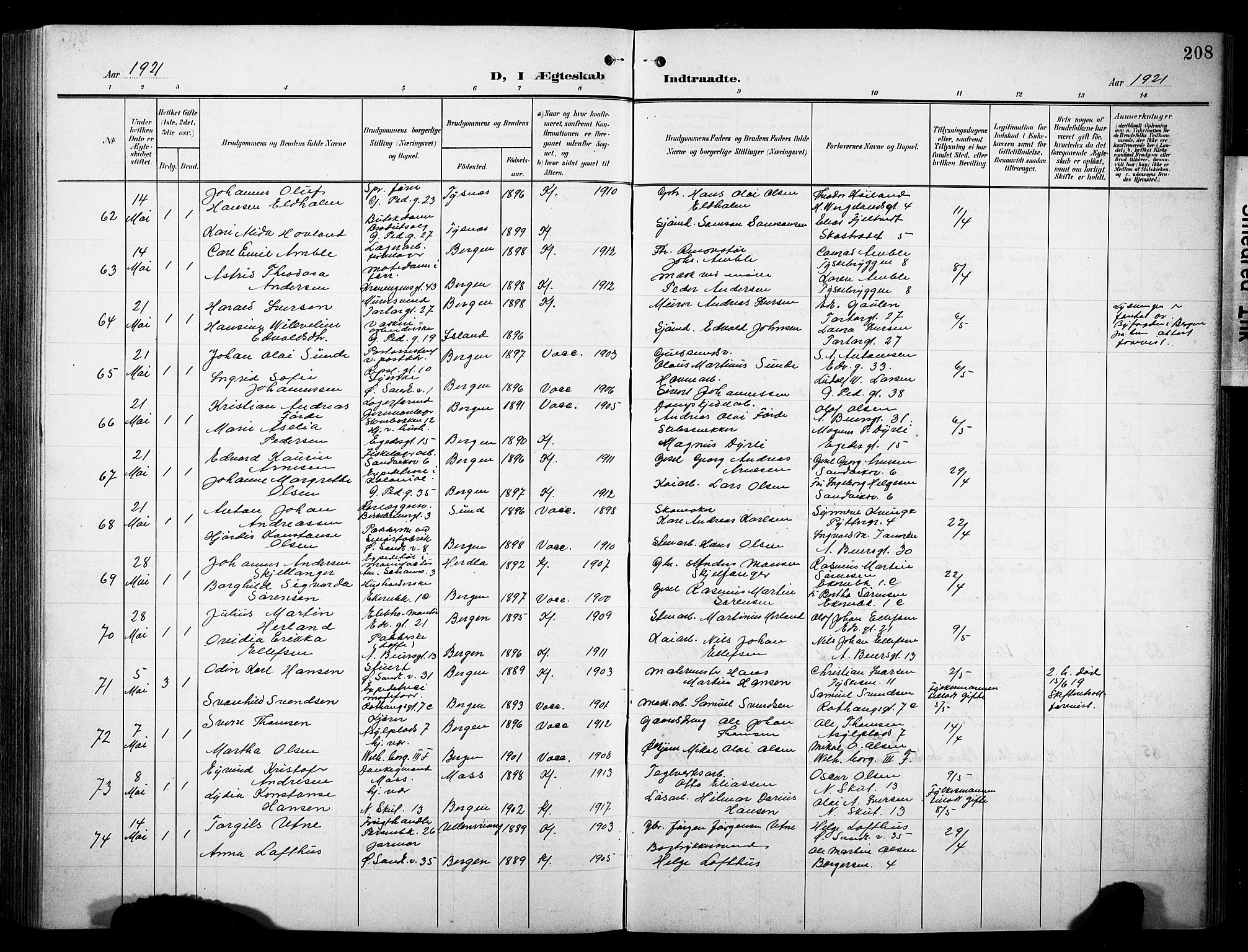 Sandviken Sokneprestembete, AV/SAB-A-77601/H/Hb/L0014: Parish register (copy) no. D 1, 1902-1929, p. 208