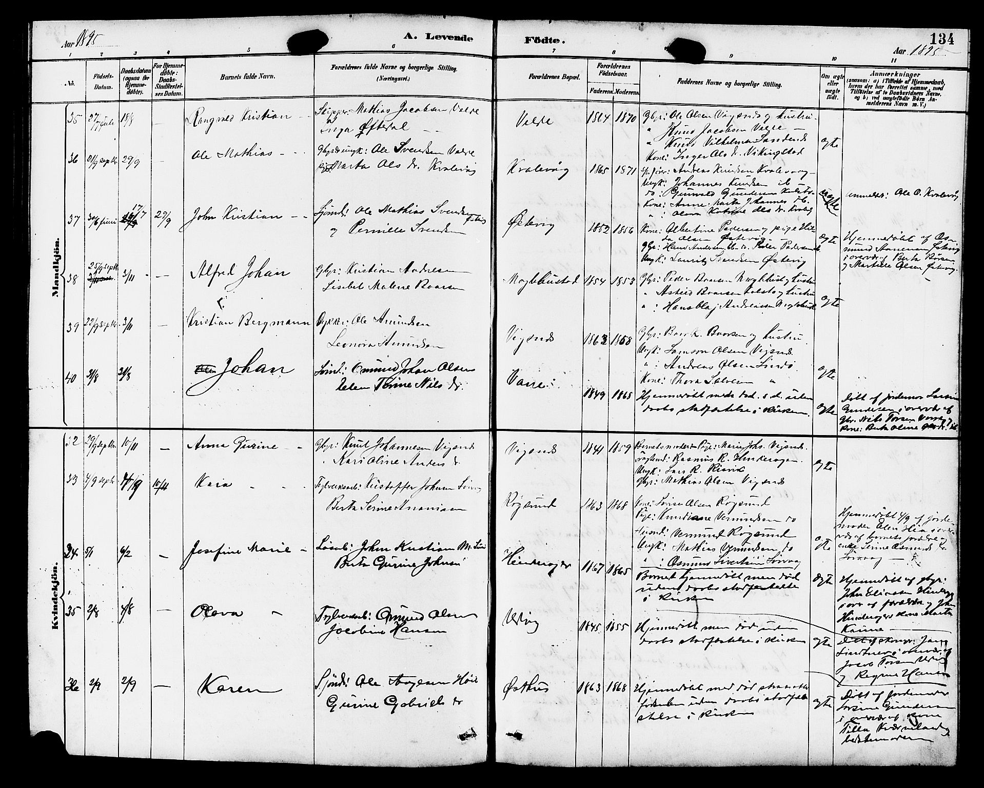 Avaldsnes sokneprestkontor, AV/SAST-A -101851/H/Ha/Hab/L0007: Parish register (copy) no. B 7, 1885-1909, p. 134