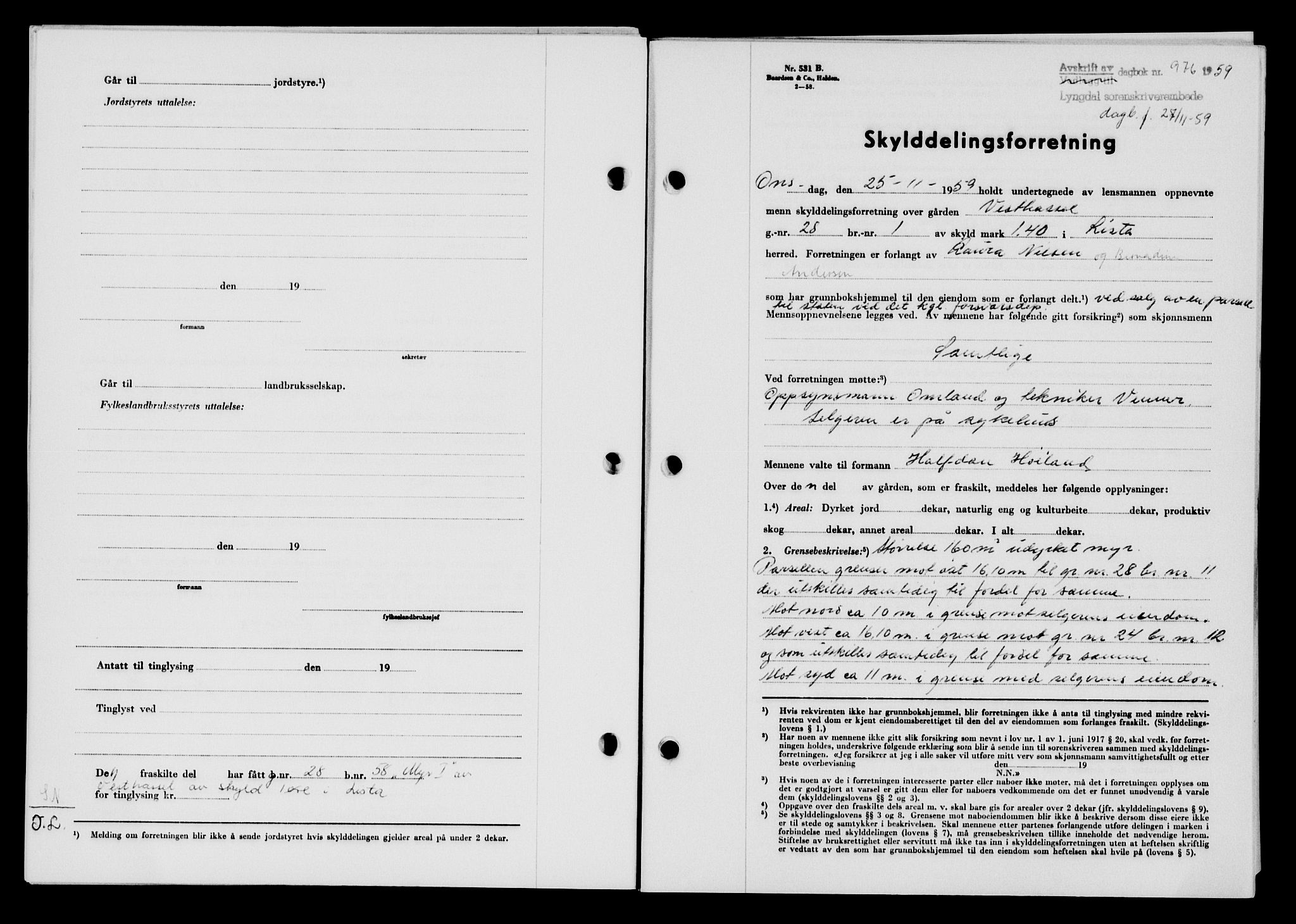 Lyngdal sorenskriveri, AV/SAK-1221-0004/G/Gb/L0679: Mortgage book no. A XXV, 1959-1960, Diary no: : 976/1959