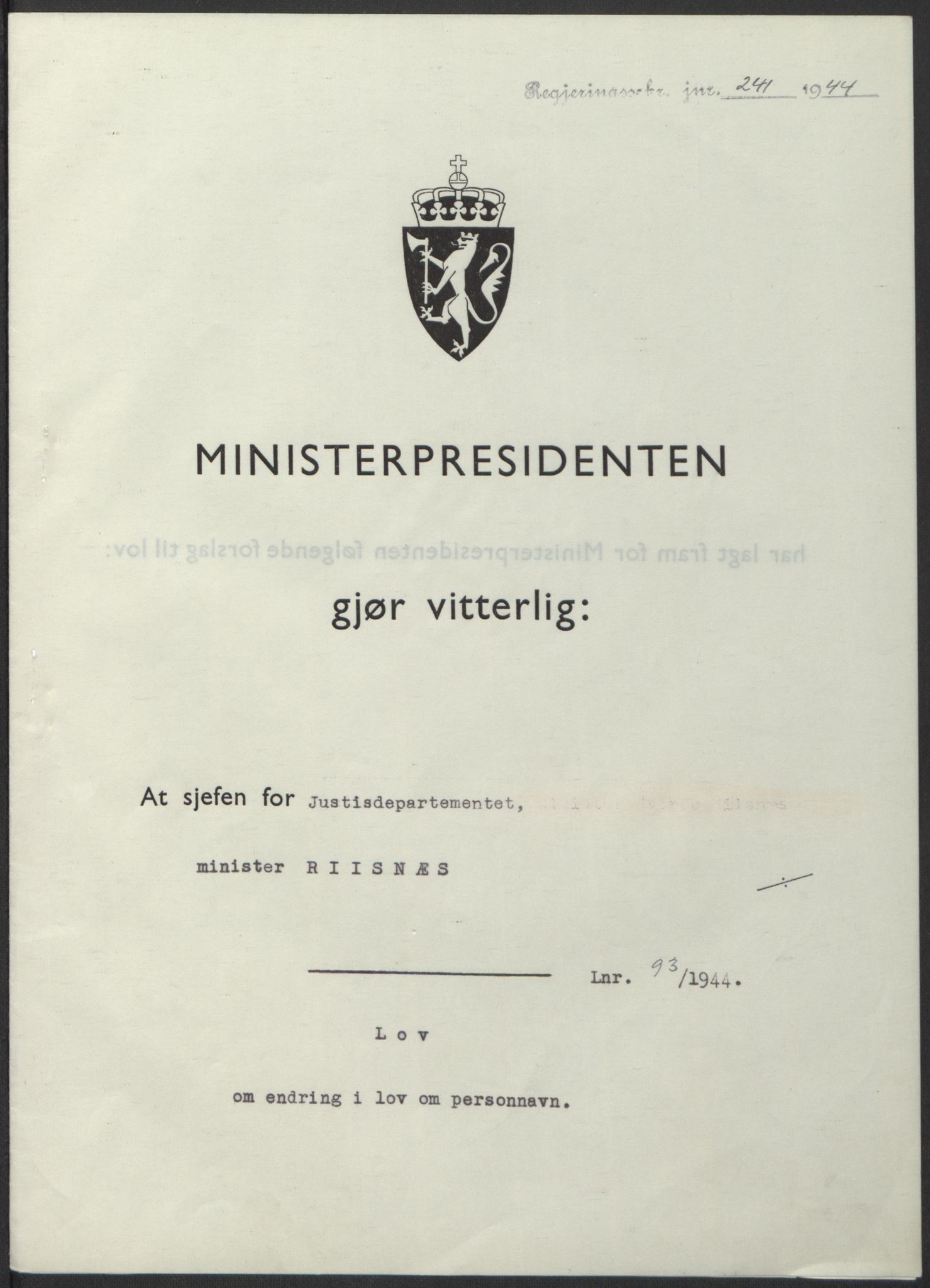 NS-administrasjonen 1940-1945 (Statsrådsekretariatet, de kommisariske statsråder mm), RA/S-4279/D/Db/L0100: Lover, 1944, p. 441