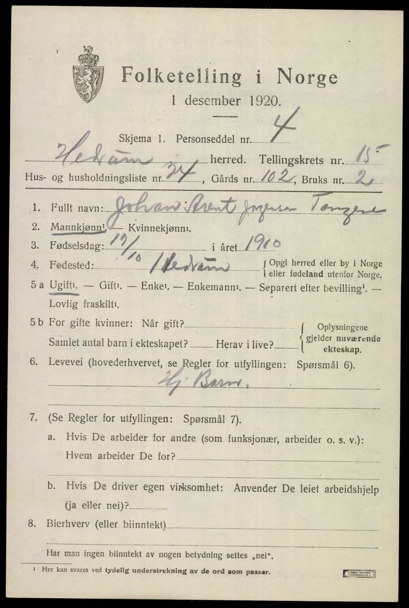 SAKO, 1920 census for Hedrum, 1920, p. 10227