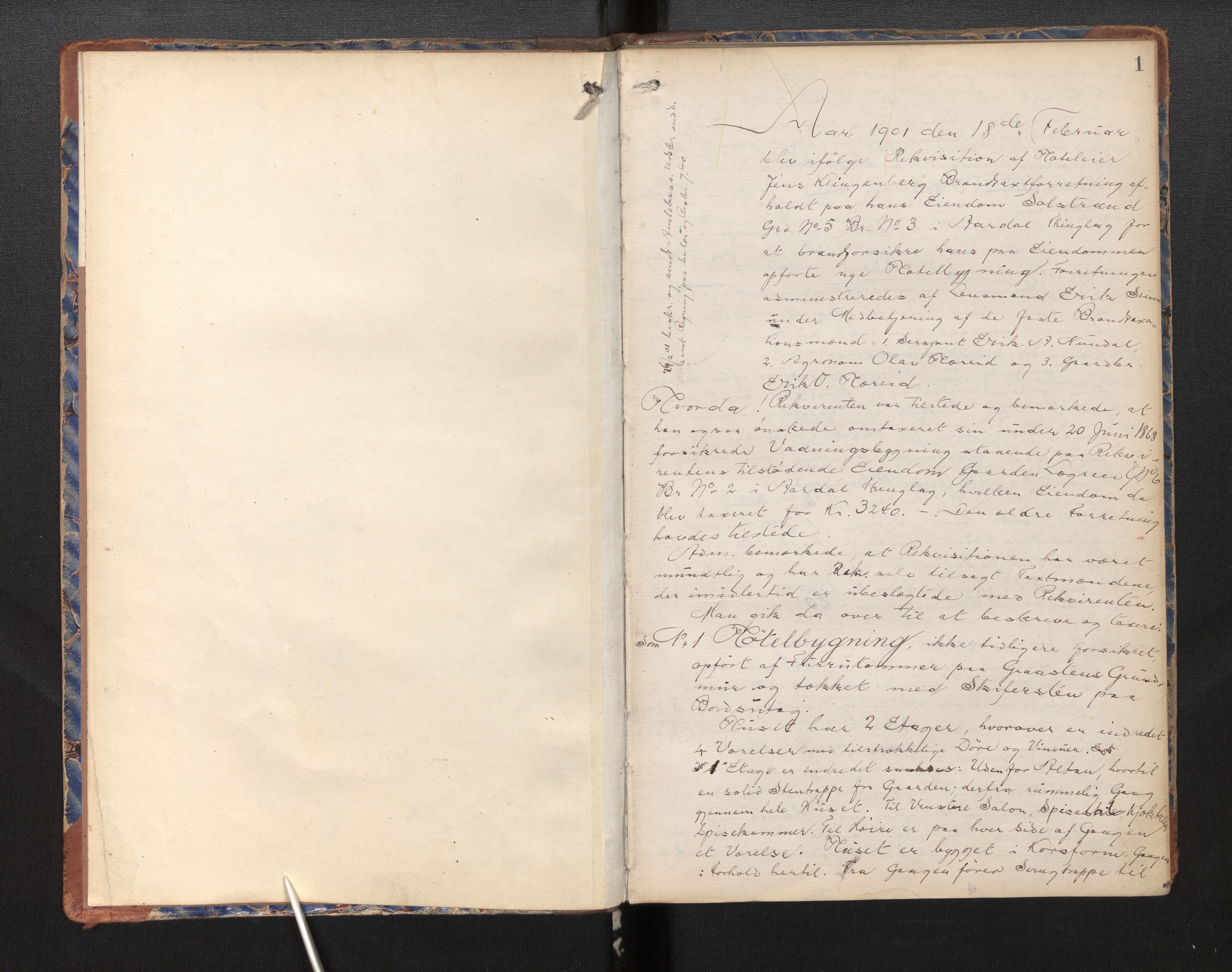 Lensmannen i Årdal, AV/SAB-A-30501/0012/L0002: Branntakstprotokoll, 1901-1920, p. 1a