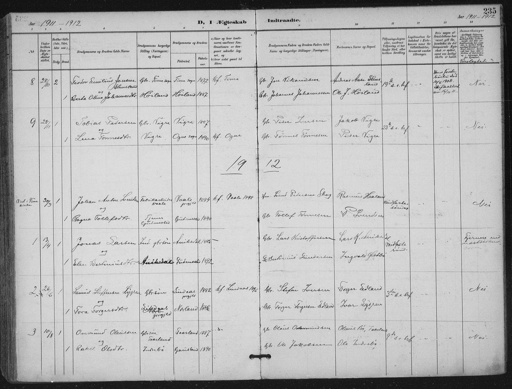 Hå sokneprestkontor, SAST/A-101801/002/B/L0001: Parish register (official) no. A 11, 1897-1924, p. 235