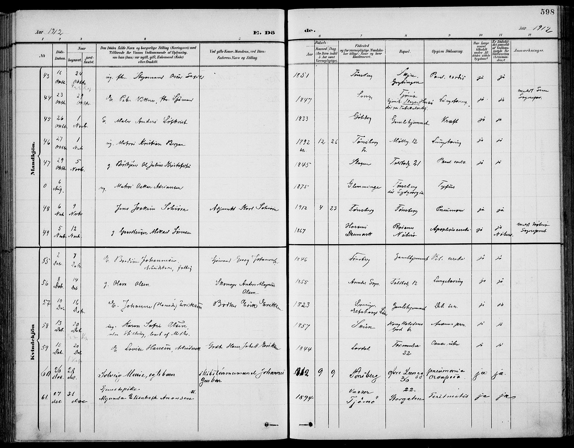 Tønsberg kirkebøker, AV/SAKO-A-330/F/Fa/L0013: Parish register (official) no. I 13, 1900-1913, p. 598