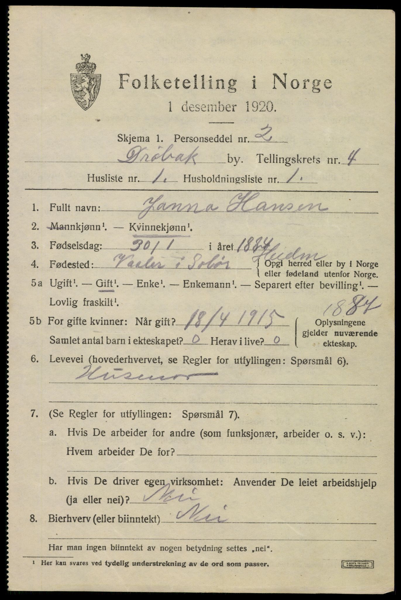 SAO, 1920 census for Drøbak, 1920, p. 4069