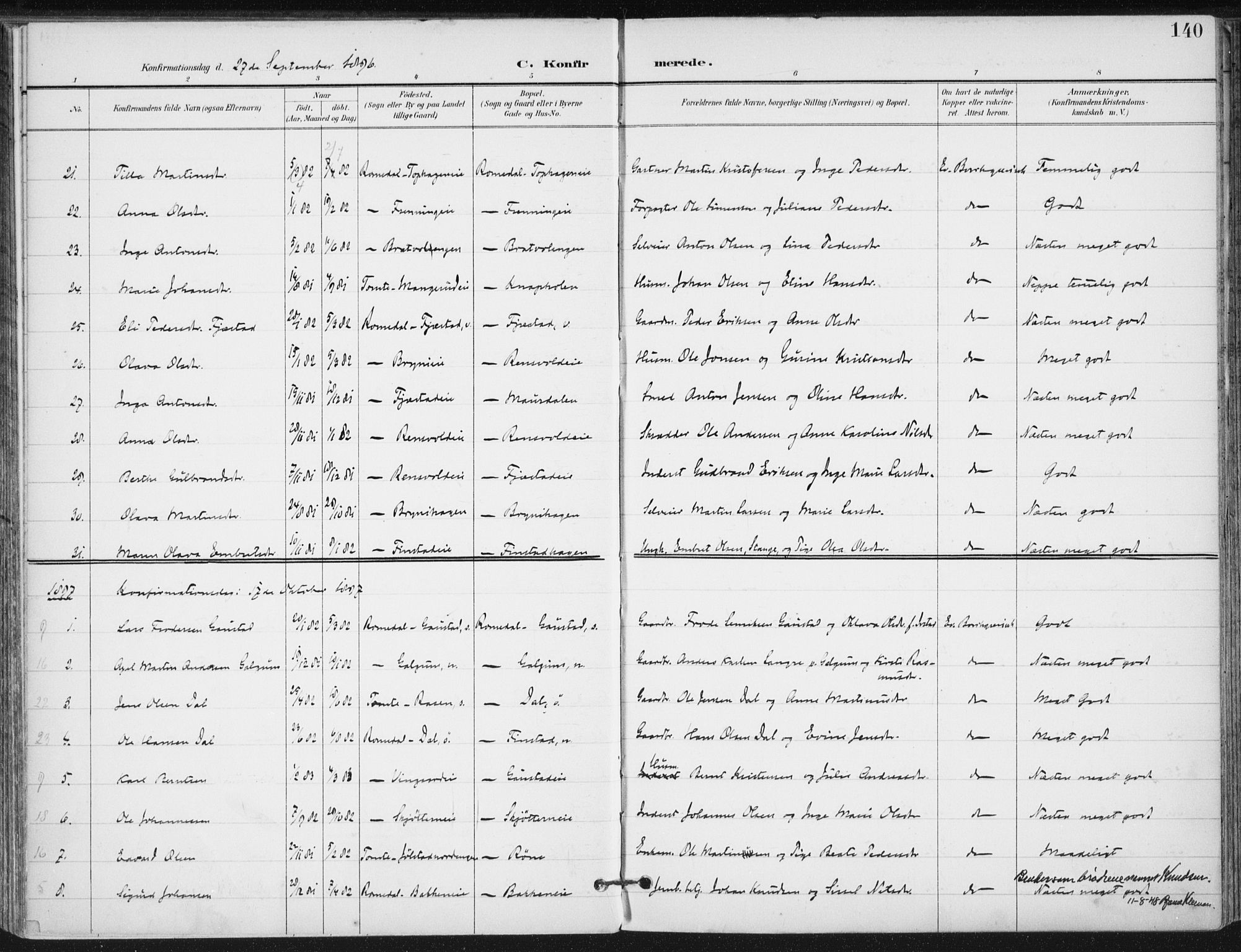 Romedal prestekontor, SAH/PREST-004/K/L0011: Parish register (official) no. 11, 1896-1912, p. 140