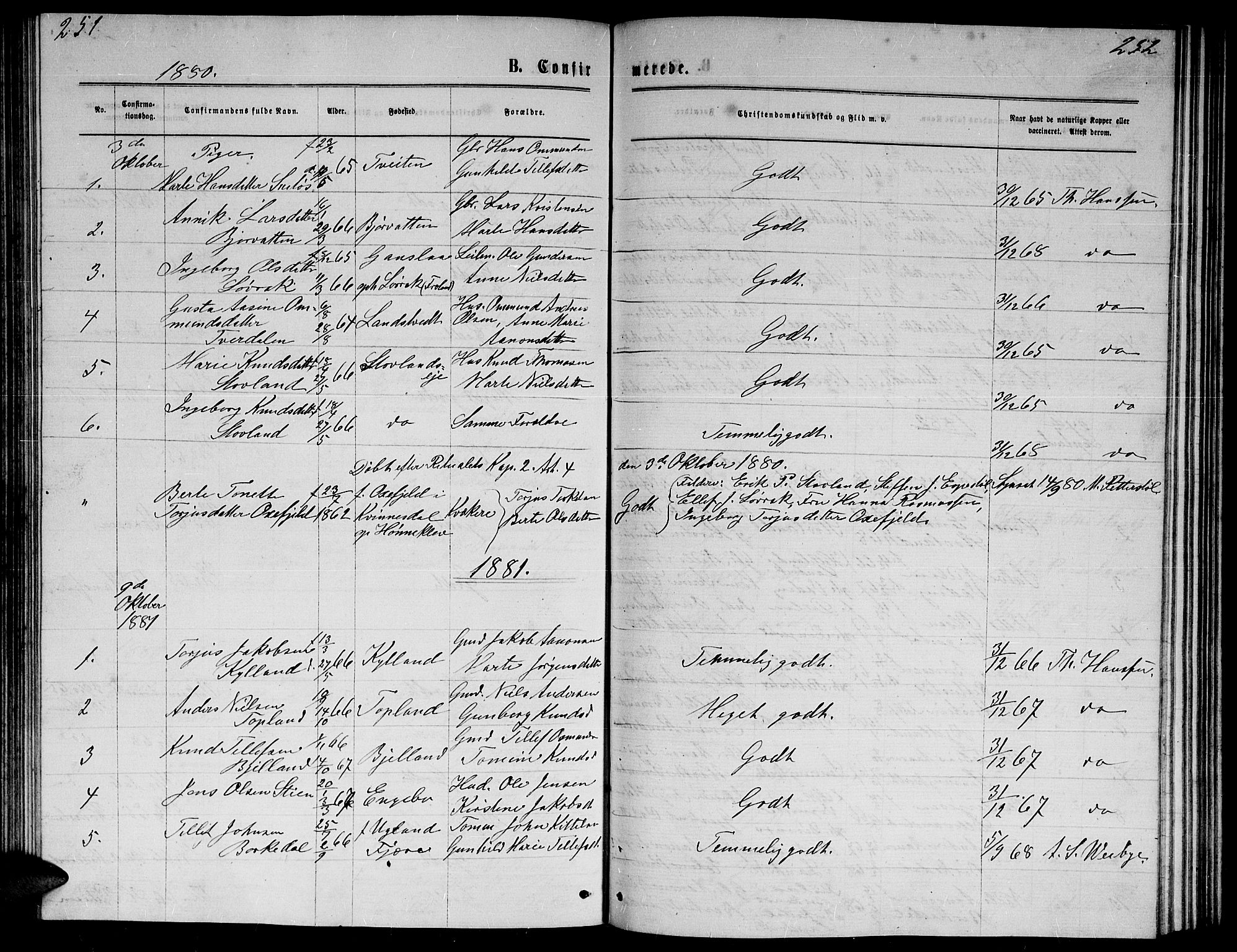 Herefoss sokneprestkontor, AV/SAK-1111-0019/F/Fb/Fba/L0002: Parish register (copy) no. B 2, 1868-1886, p. 251-252