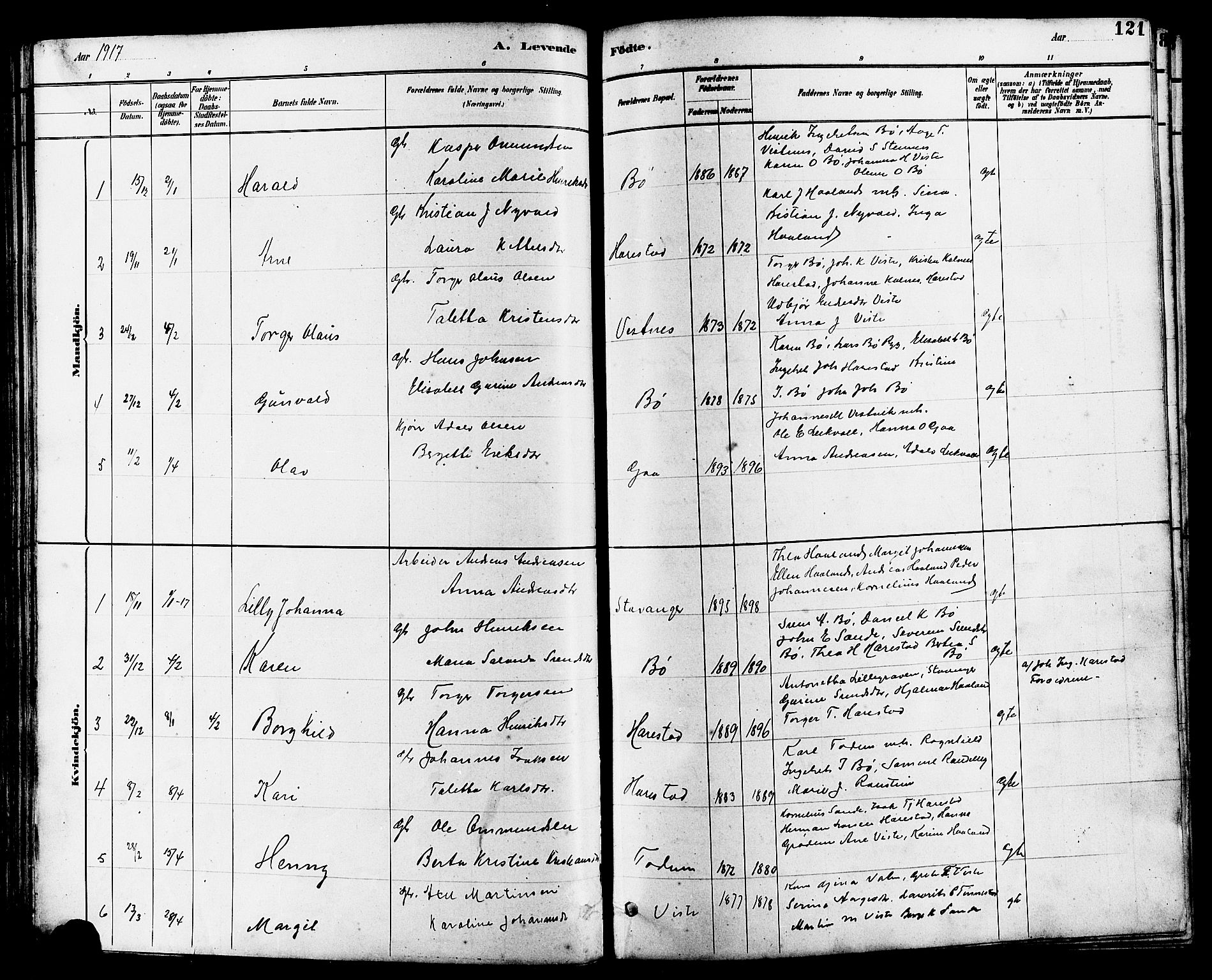 Hetland sokneprestkontor, SAST/A-101826/30/30BB/L0006: Parish register (copy) no. B 6, 1878-1921, p. 121