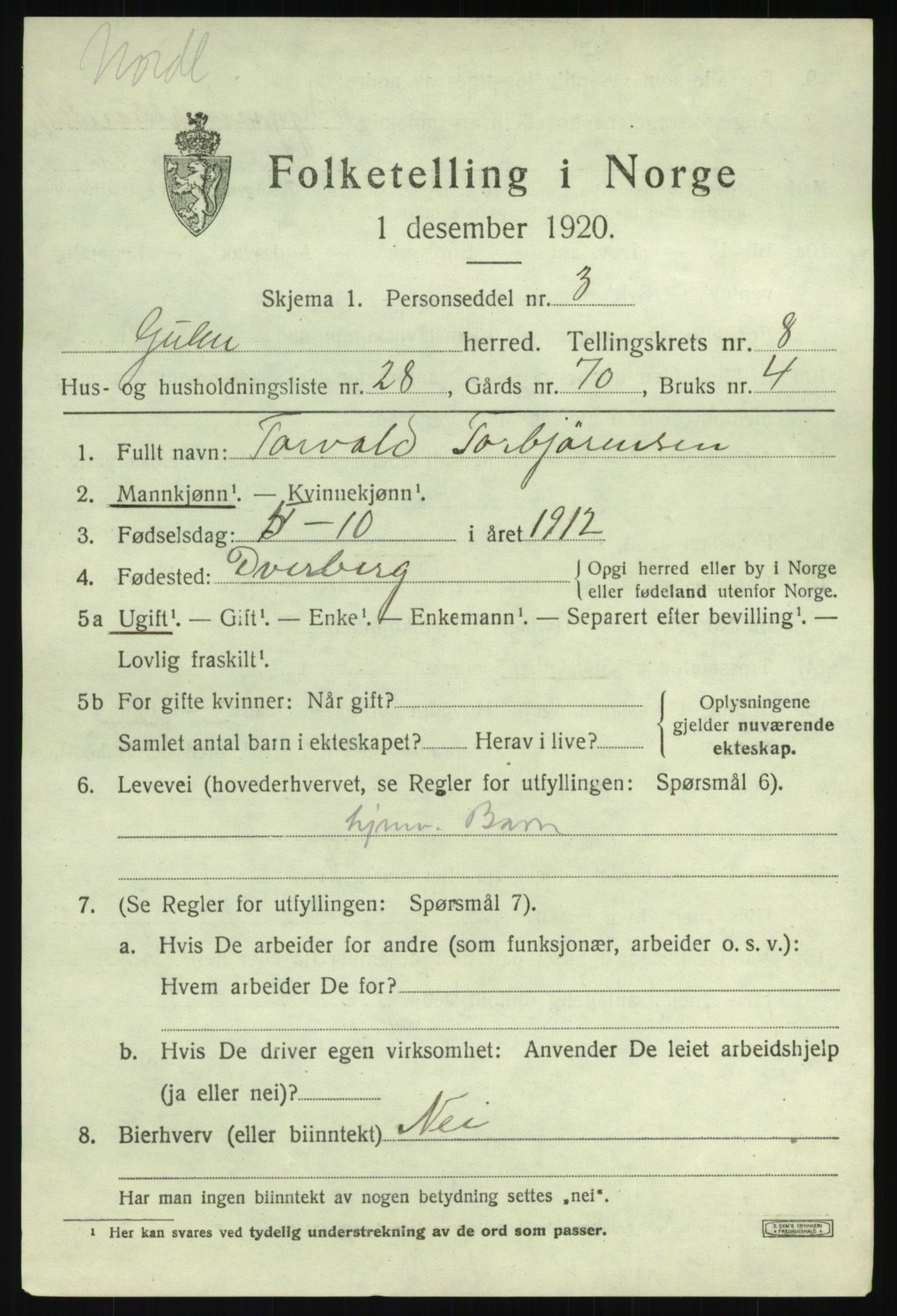 SAB, 1920 census for Gulen, 1920, p. 3873