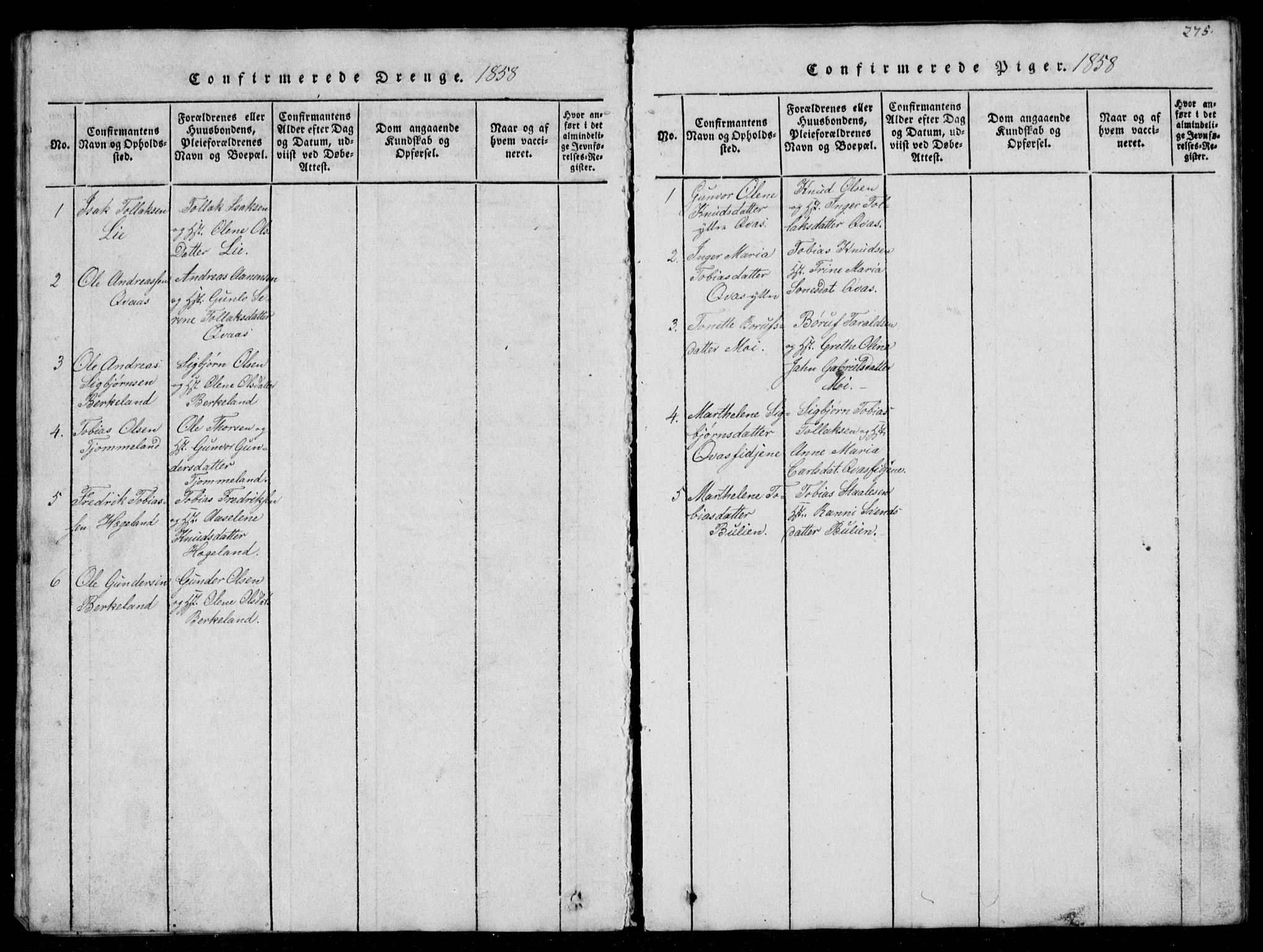 Lyngdal sokneprestkontor, AV/SAK-1111-0029/F/Fb/Fbb/L0001: Parish register (copy) no. B 1, 1816-1900, p. 275