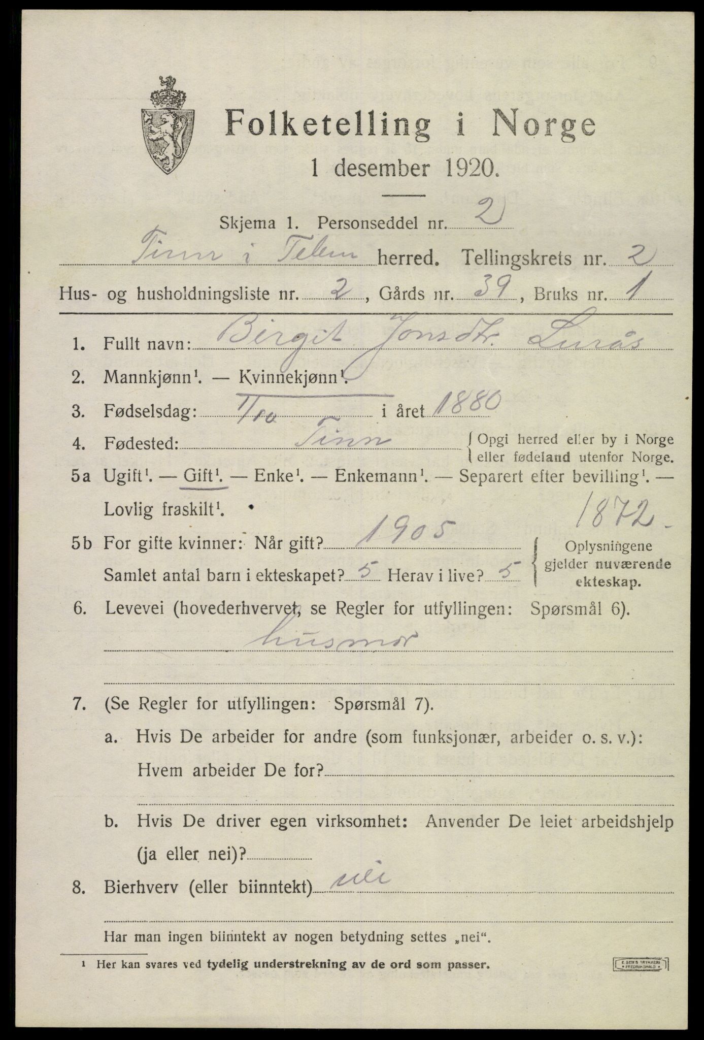 SAKO, 1920 census for Tinn, 1920, p. 3062