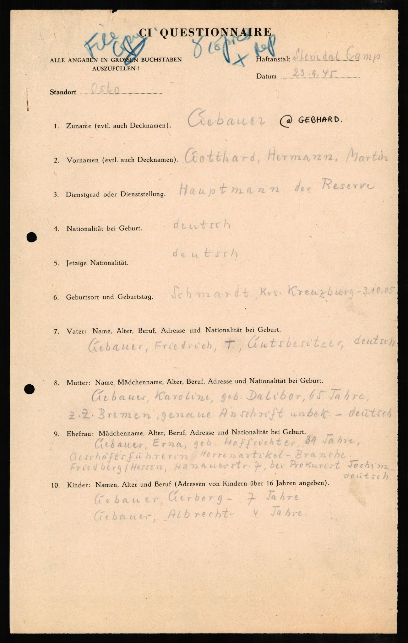 Forsvaret, Forsvarets overkommando II, AV/RA-RAFA-3915/D/Db/L0009: CI Questionaires. Tyske okkupasjonsstyrker i Norge. Tyskere., 1945-1946, p. 173