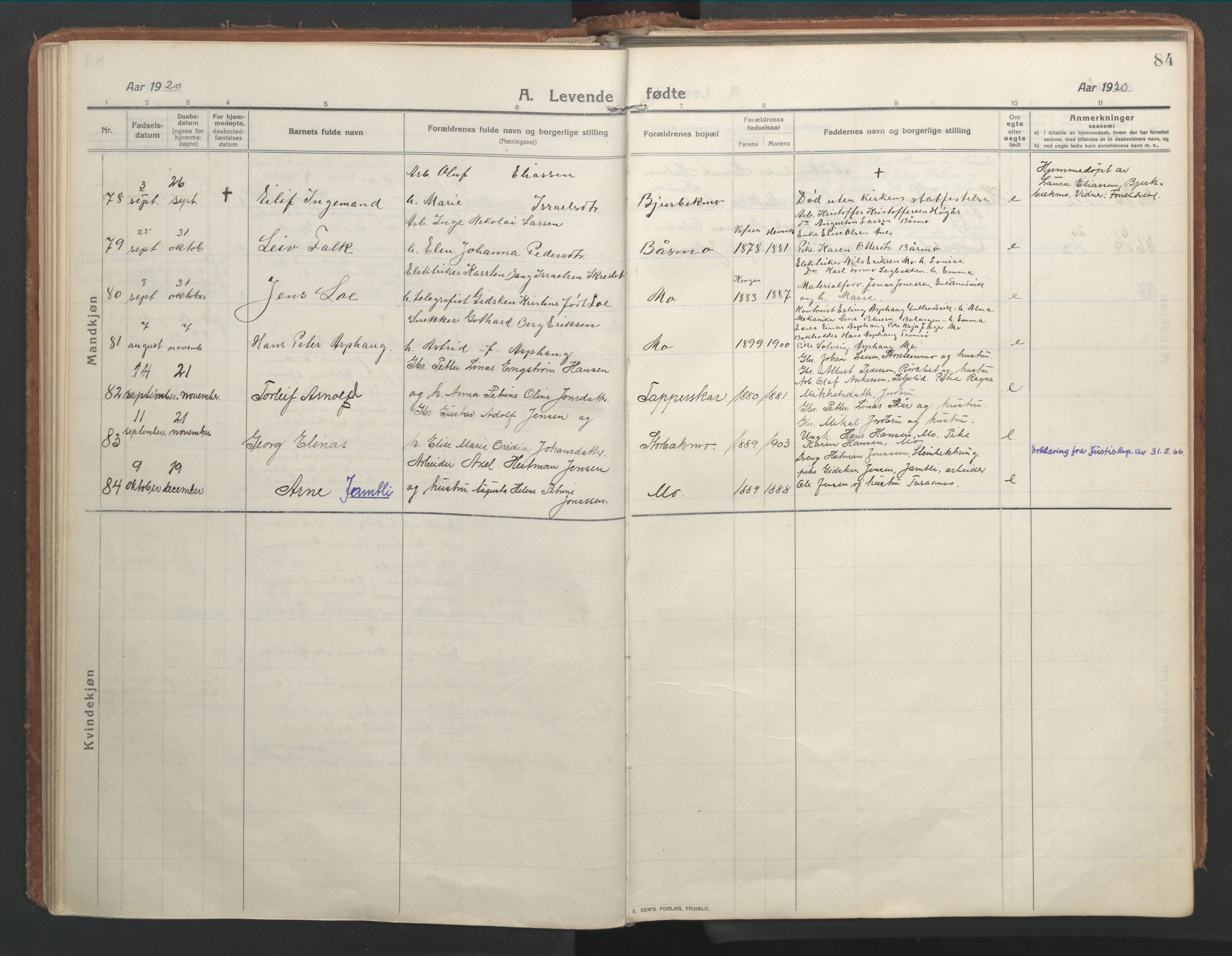 Ministerialprotokoller, klokkerbøker og fødselsregistre - Nordland, AV/SAT-A-1459/827/L0404: Parish register (official) no. 827A16, 1912-1925, p. 84