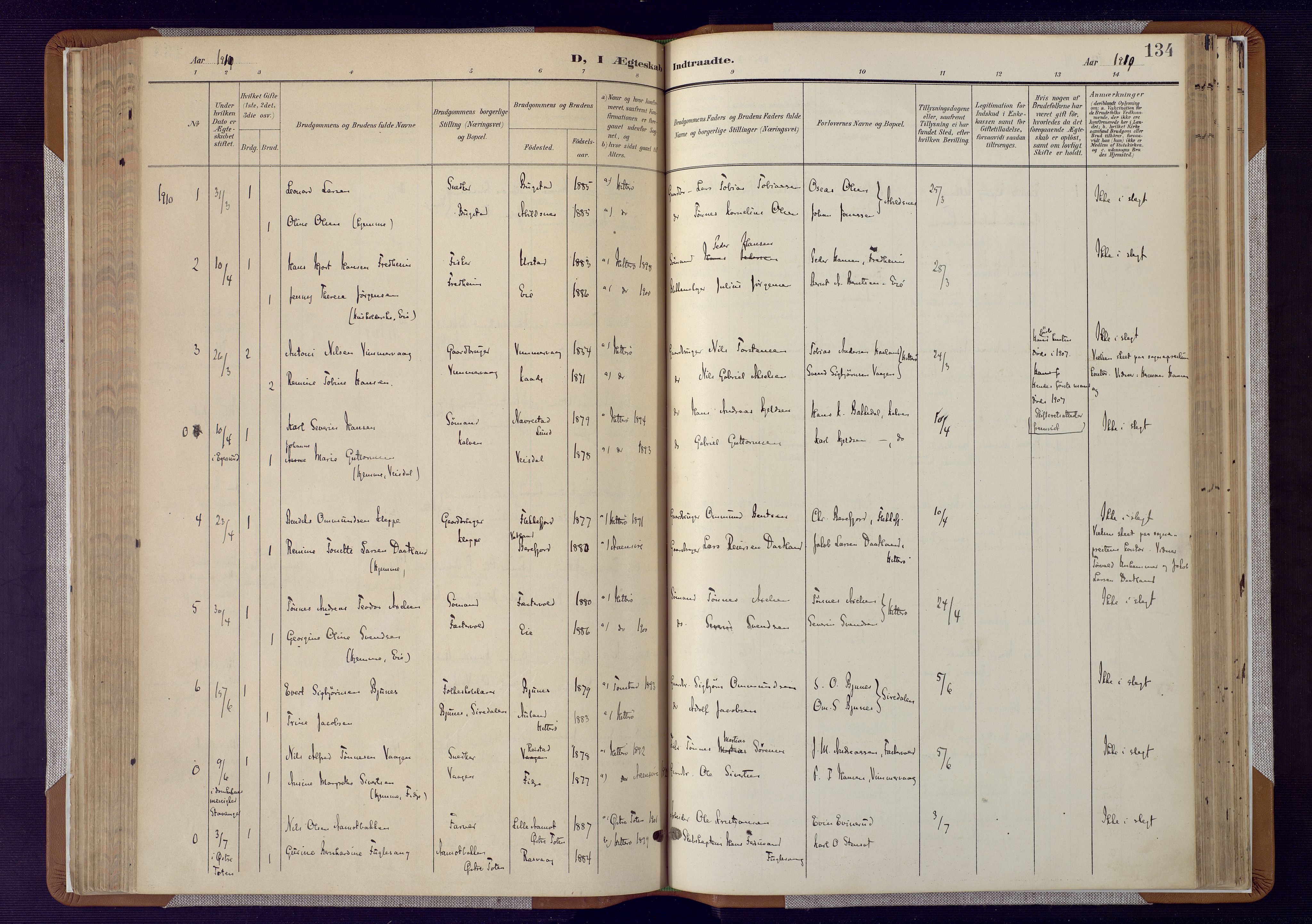 Flekkefjord sokneprestkontor, AV/SAK-1111-0012/F/Fa/Fab/L0007: Parish register (official) no. A 7, 1902-1921, p. 134