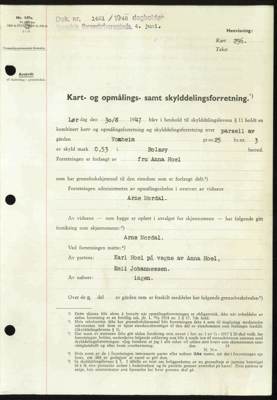 Romsdal sorenskriveri, AV/SAT-A-4149/1/2/2C: Mortgage book no. A26, 1948-1948, Diary no: : 1421/1948