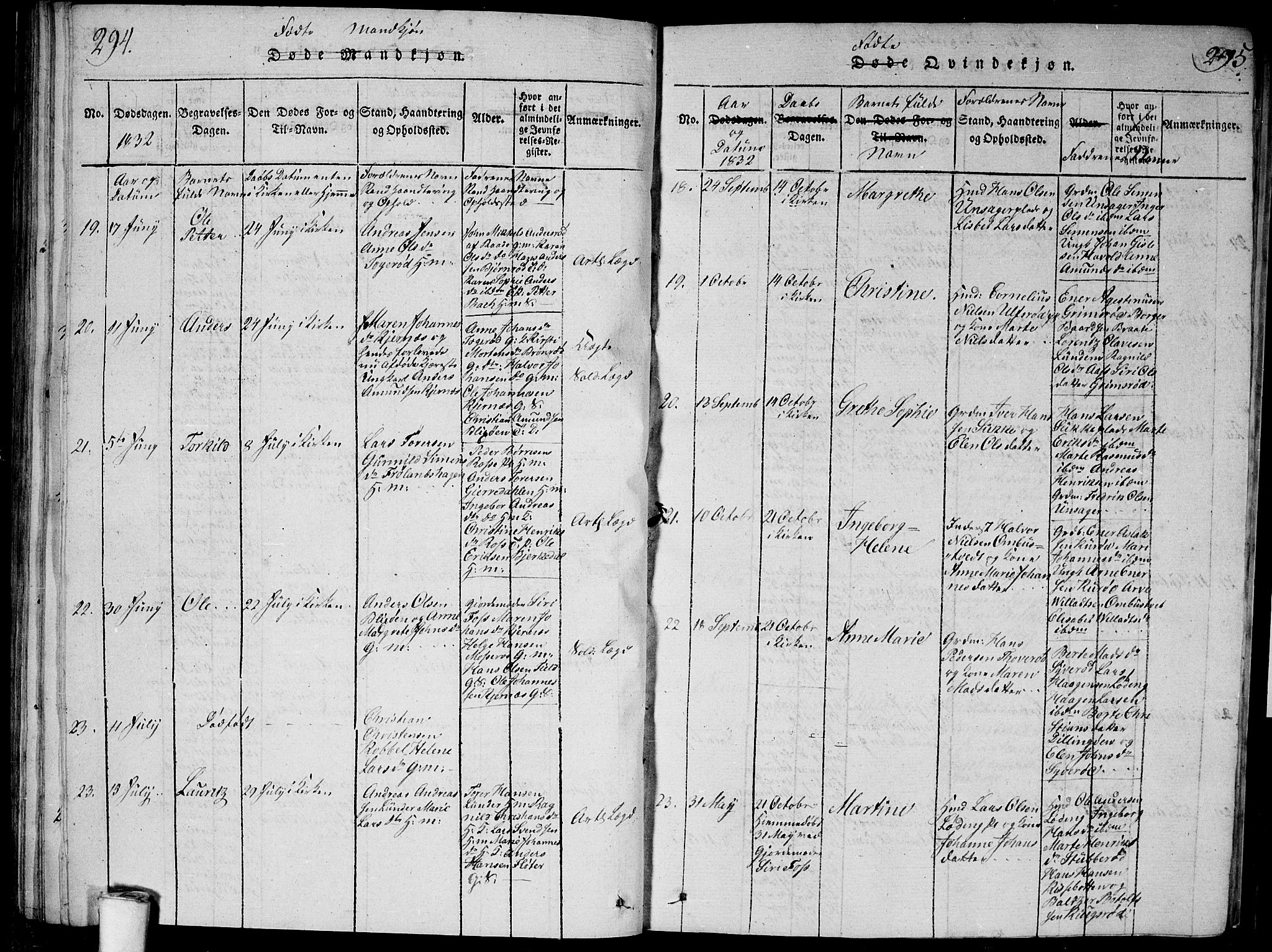 Våler prestekontor Kirkebøker, AV/SAO-A-11083/G/Ga/L0001: Parish register (copy) no. I 1, 1815-1839, p. 294-295