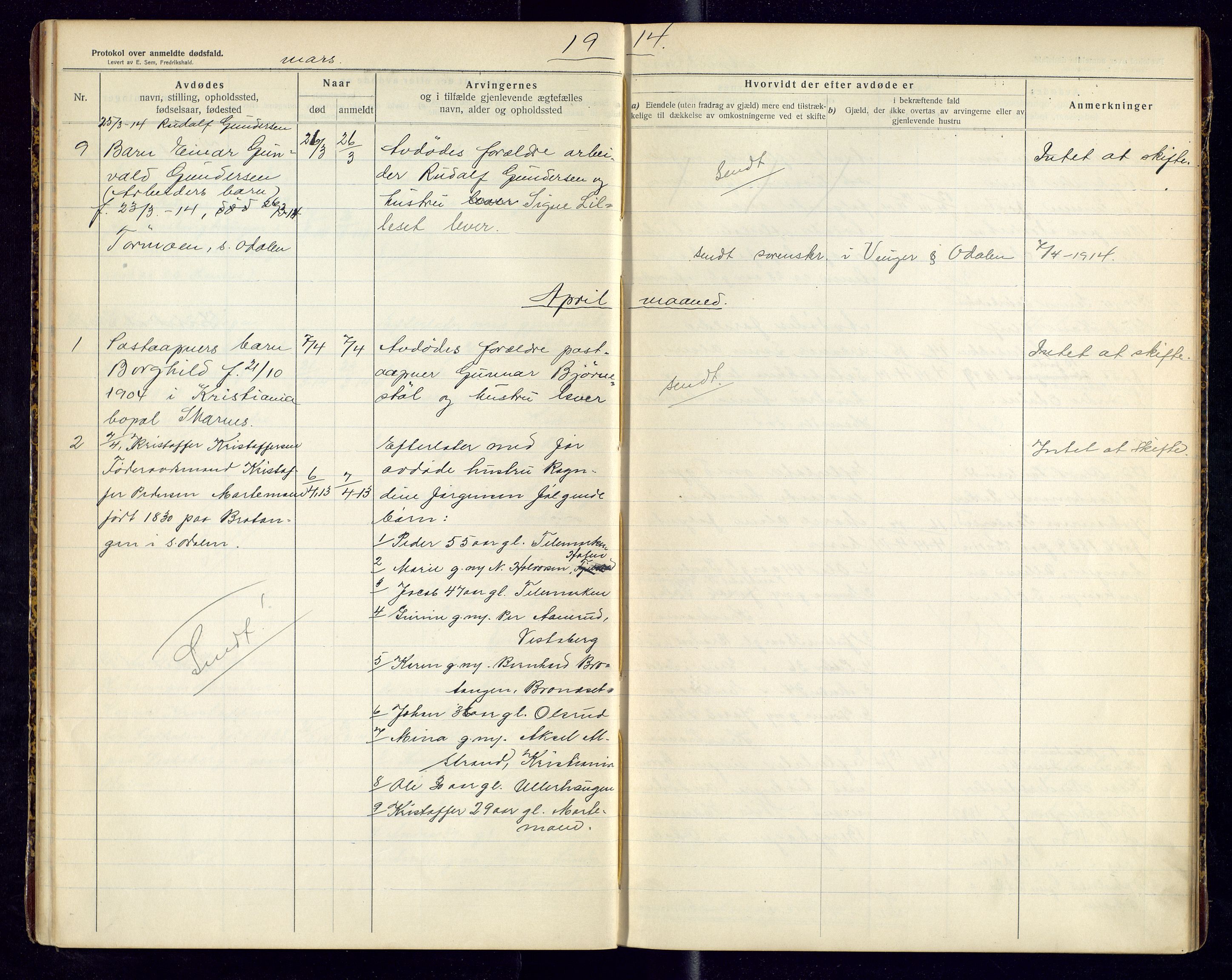 Sør-Odal lensmannskontor, SAH/LHS-022/H/Hb/L0002/0001: Protokoller over anmeldte dødsfall / Protokoll over anmeldte dødsfall, 1913-1915