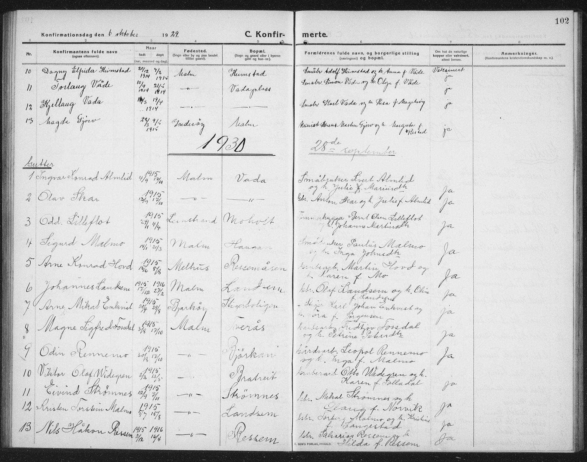 Ministerialprotokoller, klokkerbøker og fødselsregistre - Nord-Trøndelag, AV/SAT-A-1458/745/L0434: Parish register (copy) no. 745C03, 1914-1937, p. 102