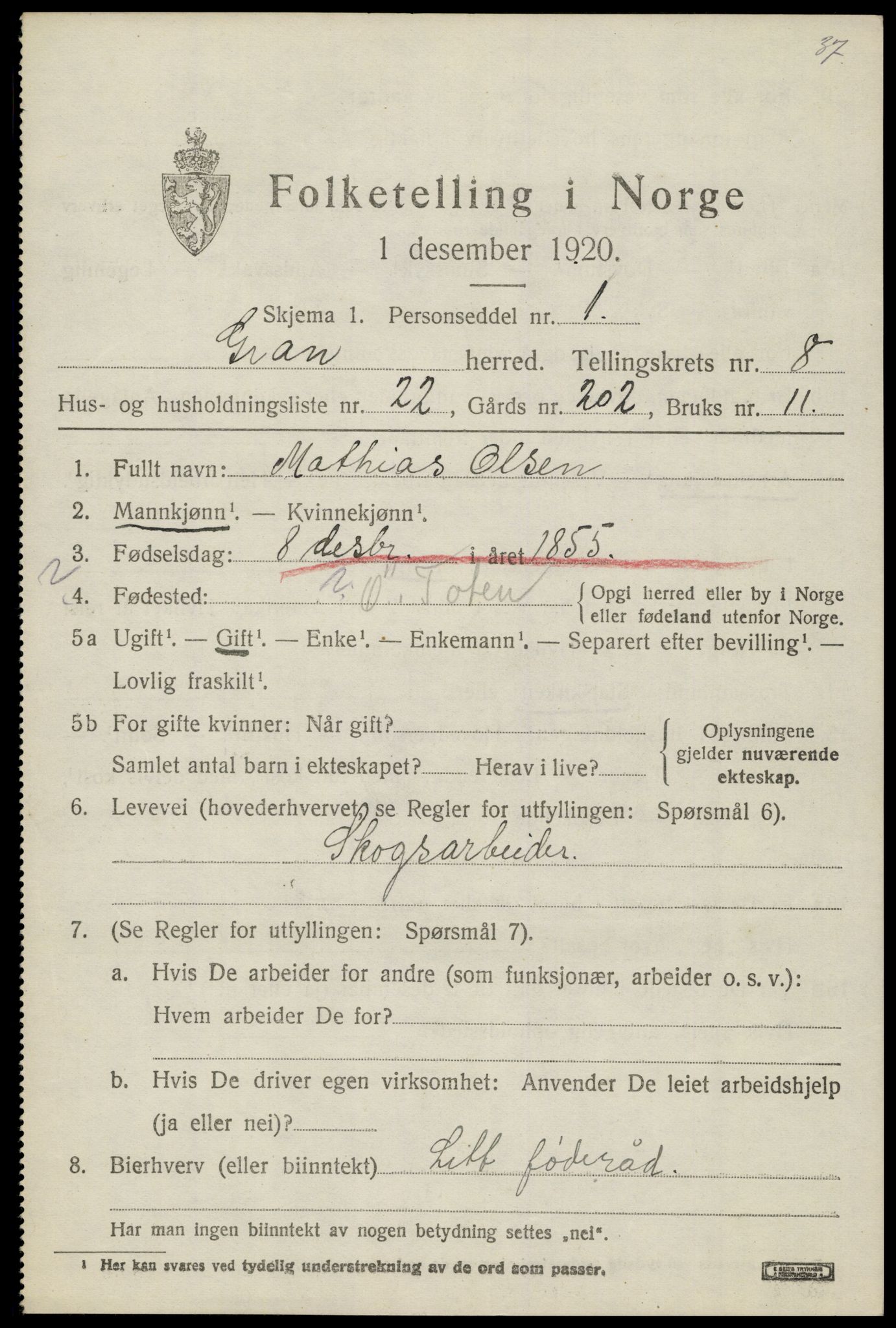 SAH, 1920 census for Gran, 1920, p. 10718