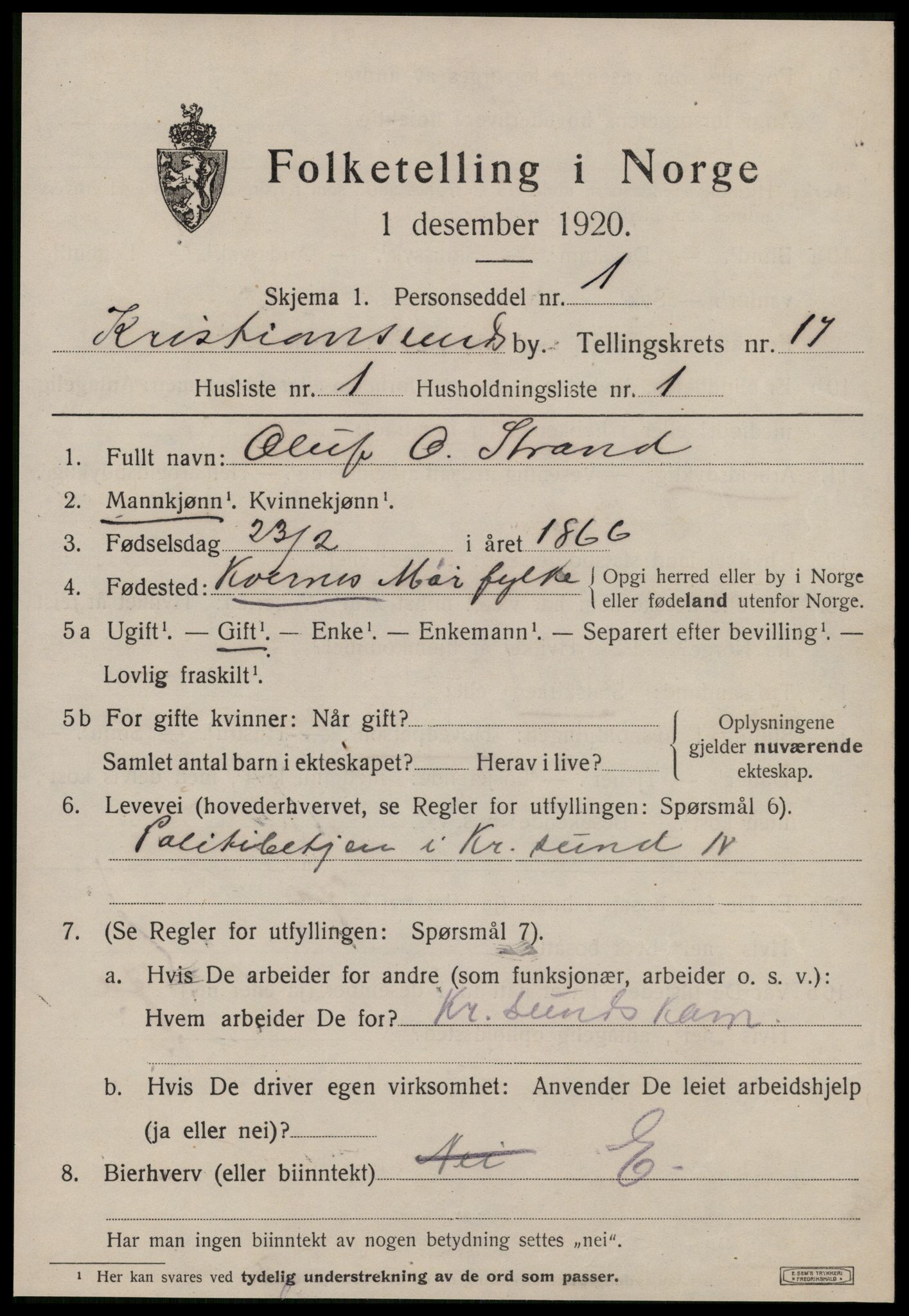 SAT, 1920 census for Kristiansund, 1920, p. 35893