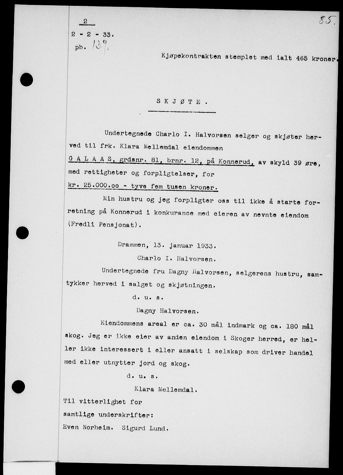 Nordre Jarlsberg sorenskriveri, AV/SAKO-A-80/G/Ga/Gac/L0043: Mortgage book no. I 43, 1933-1933, p. 85