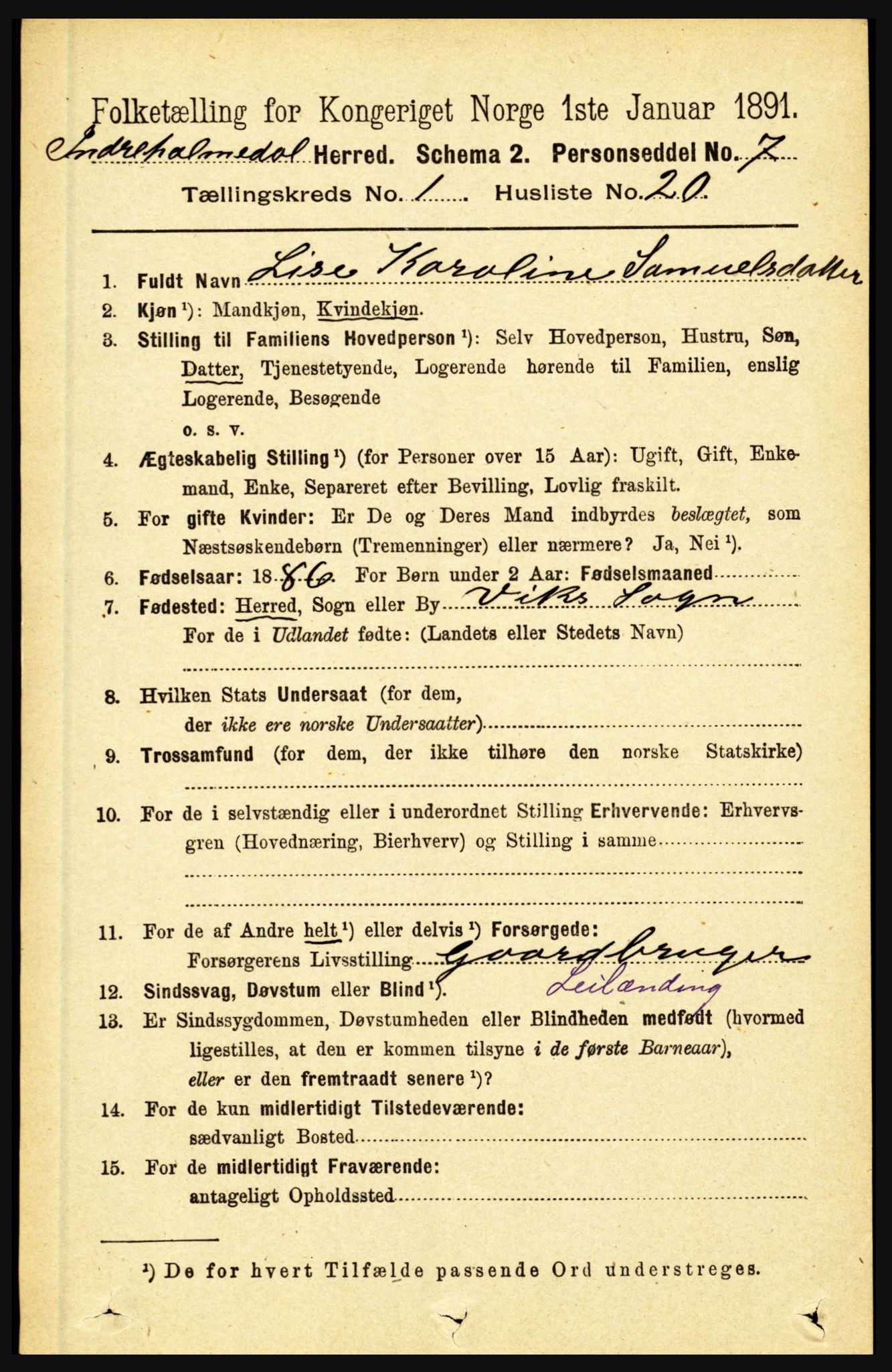 RA, 1891 census for 1430 Indre Holmedal, 1891, p. 213