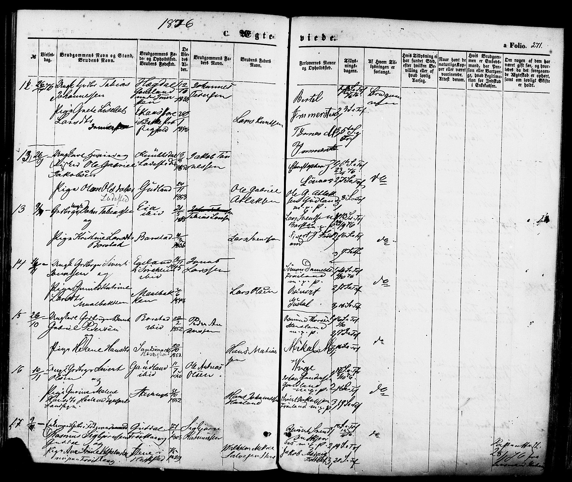 Sokndal sokneprestkontor, AV/SAST-A-101808: Parish register (official) no. A 10, 1874-1886, p. 271